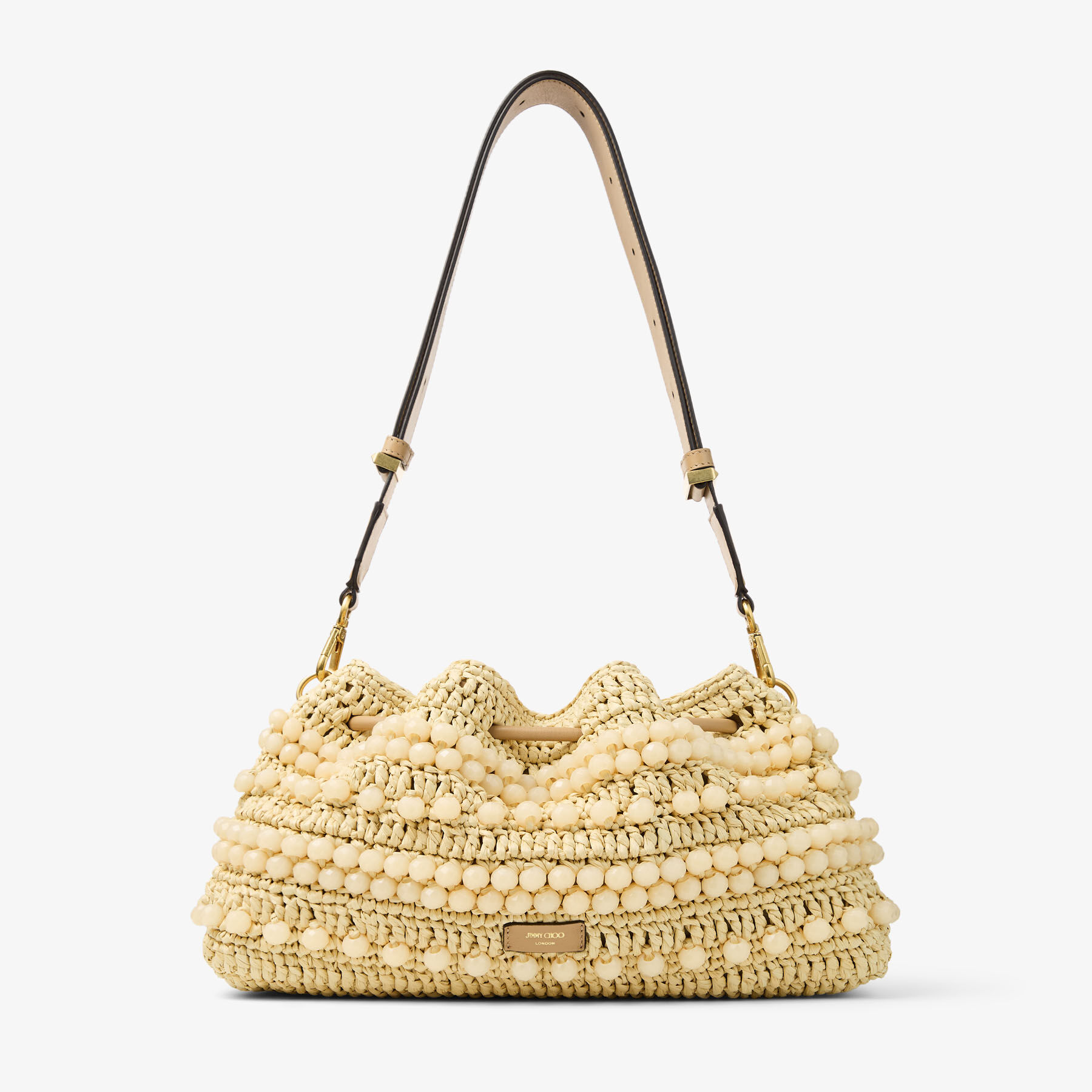 Cinch | Natural and Cappuccino Beaded Raffia Bucket Bag with