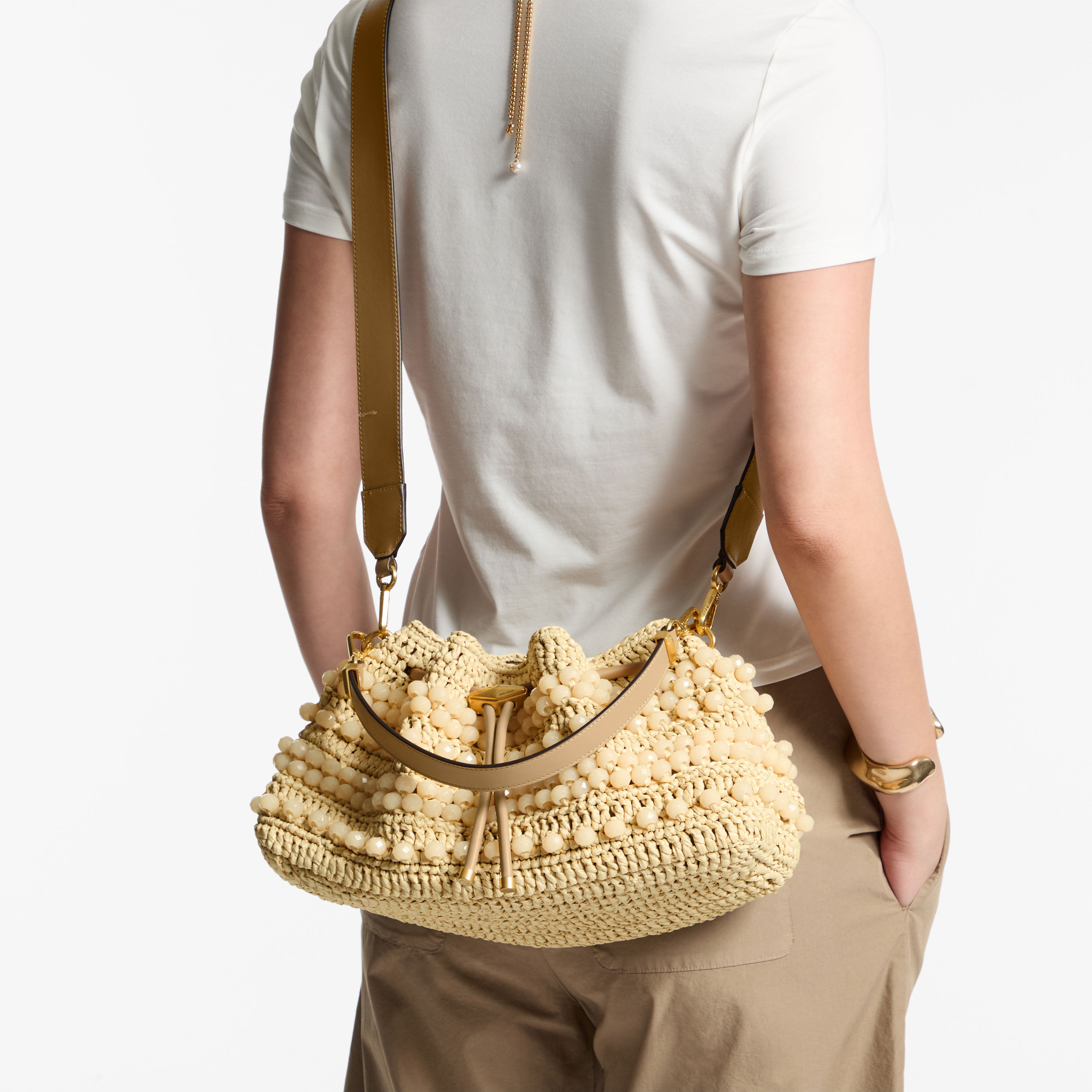 Cinch | Natural and Cappuccino Beaded Raffia Bucket Bag with
