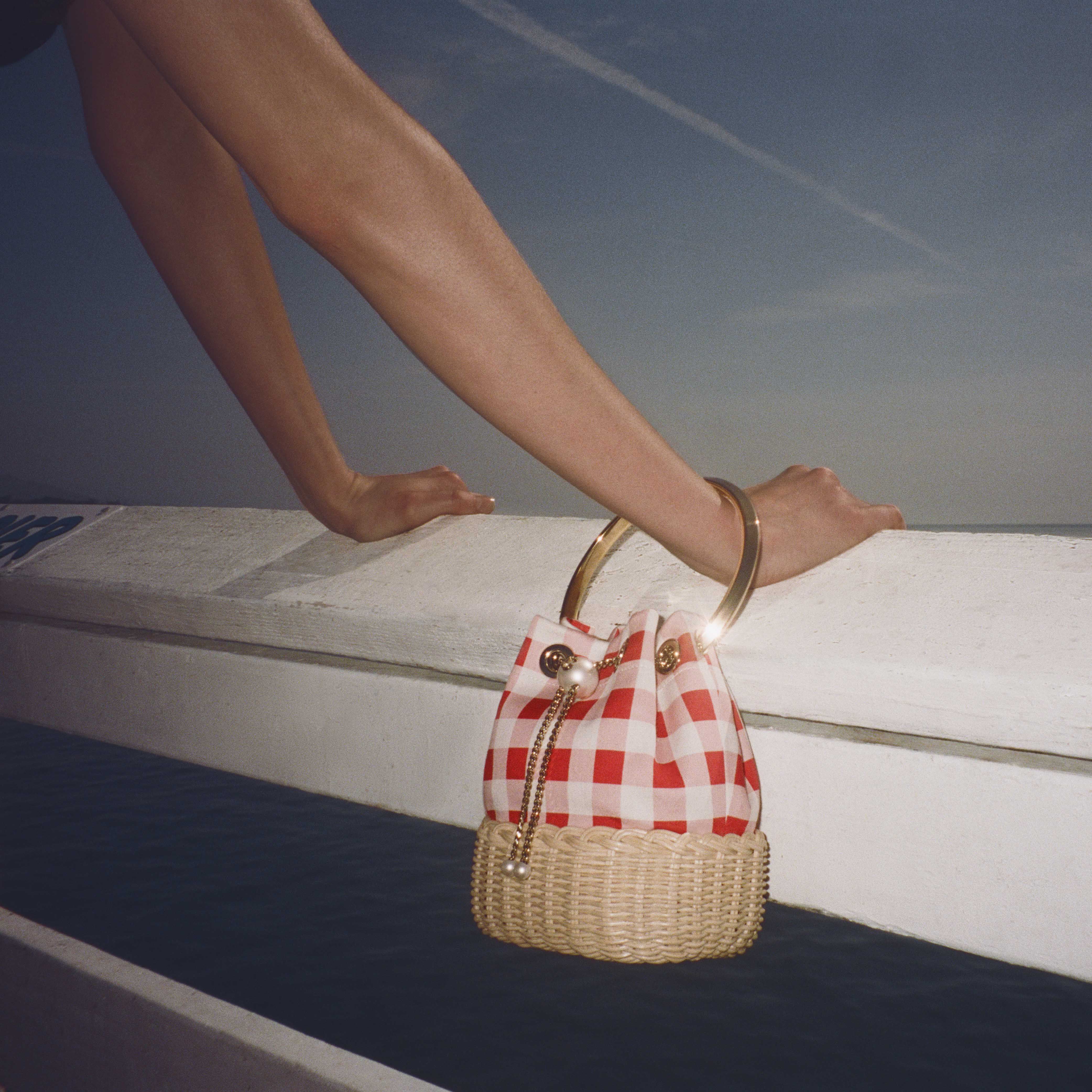Bon Bon | Ruby Red Gingham Cotton Fabric and Wicker Bucket Bag