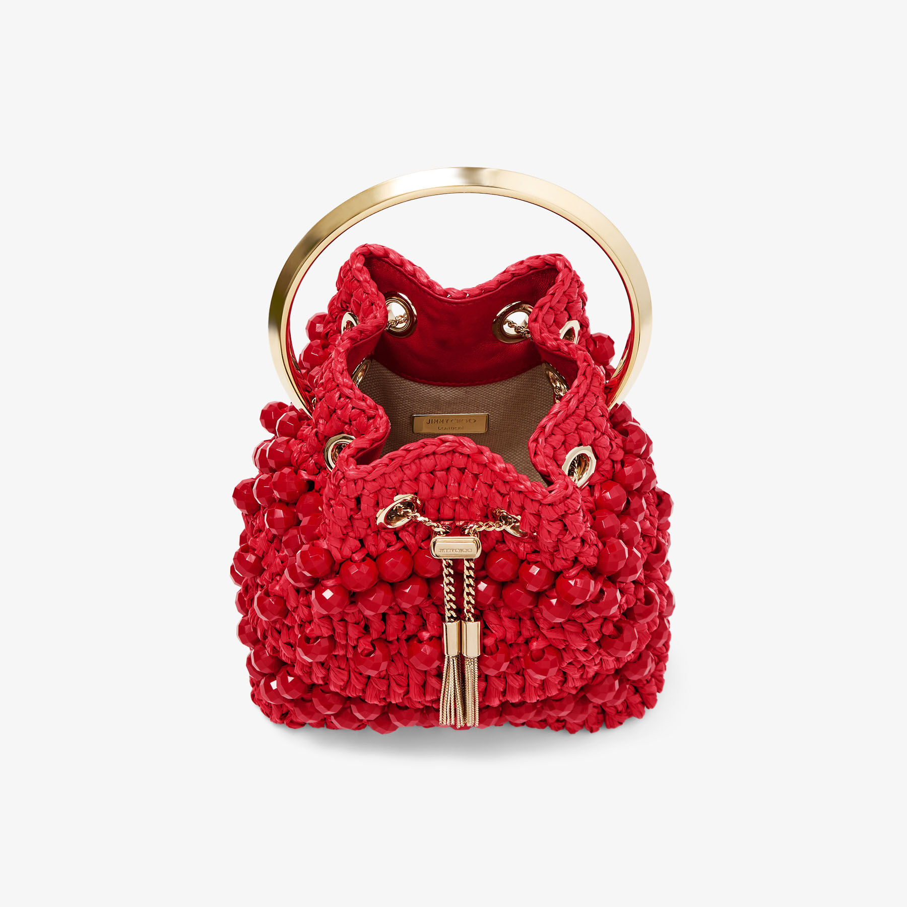 新品未開封　BIBI bag. MIDDLE tweed Bon Bon Bon Bon | Ruby Red Beaded Raffia Bucket Bag | JIMMY CHOO