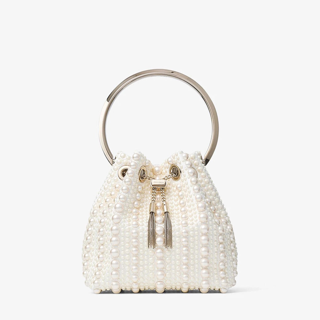 Bon Bon | Ivory Satin Bag with All-Over Pearls | JIMMY CHOO