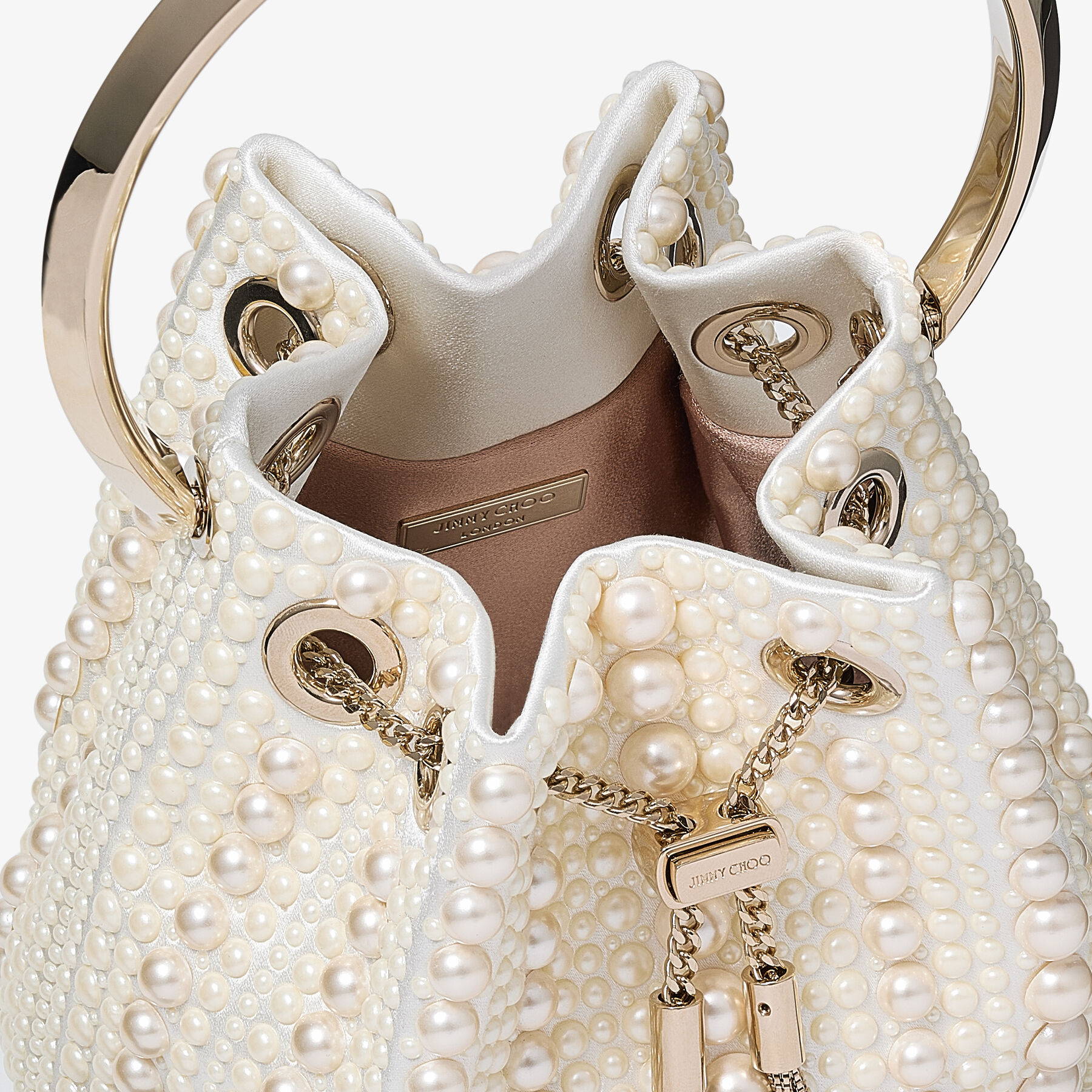 Bon Bon | Ivory Satin Bag with All-Over Pearls | JIMMY CHOO