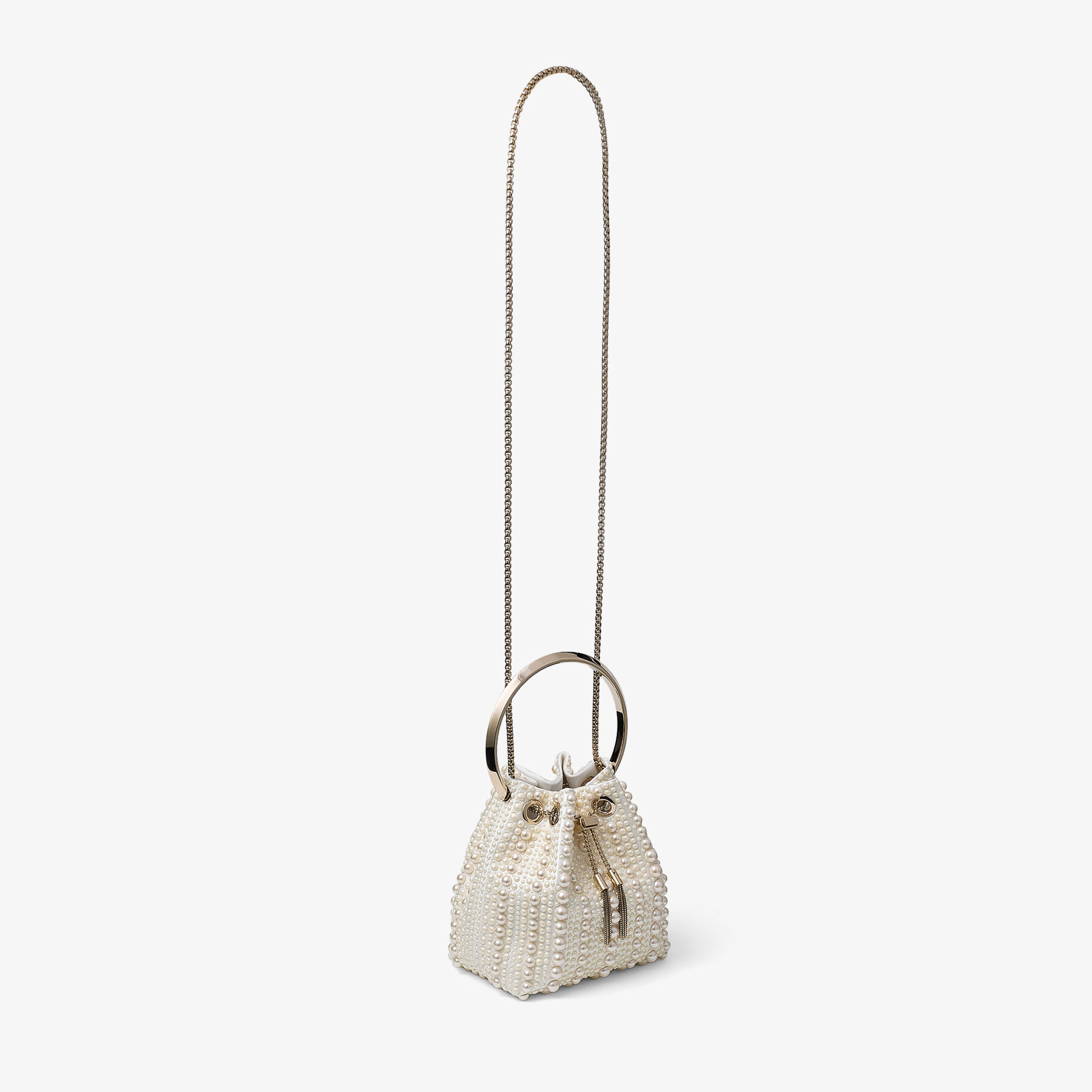 Bon Bon | Ivory Satin Bag with All-Over Pearls | JIMMY CHOO