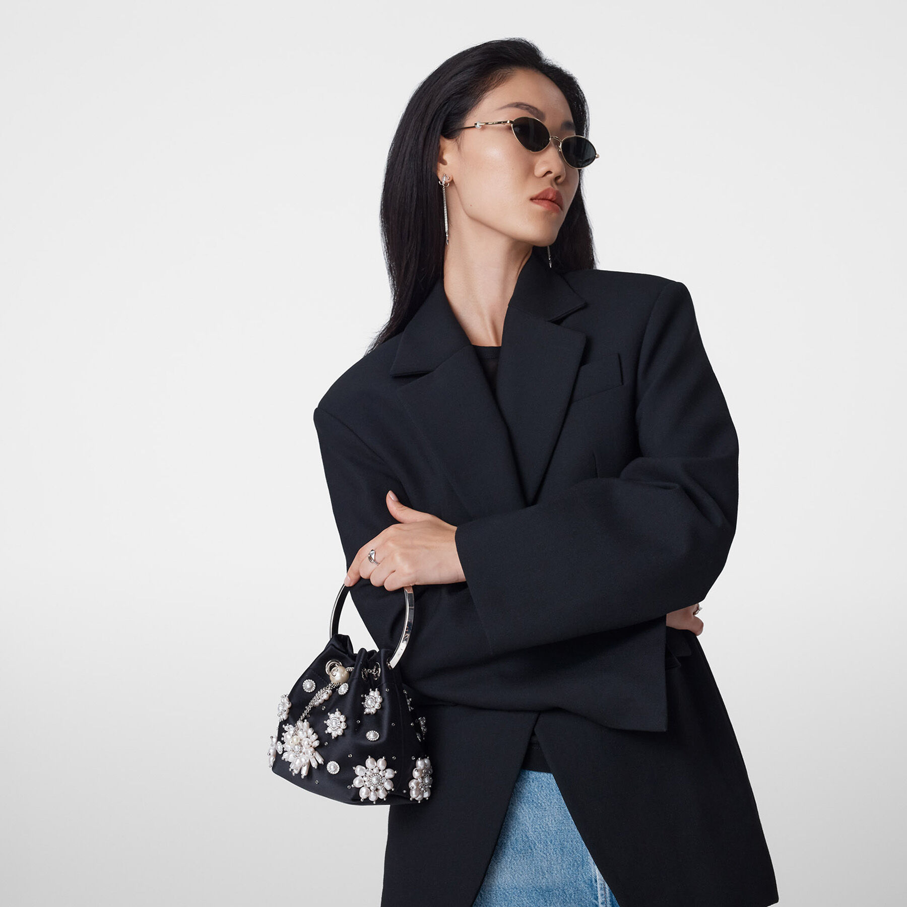 Bon Bon | Black Satin Bucket Bag with Floral Pearl Embroidery