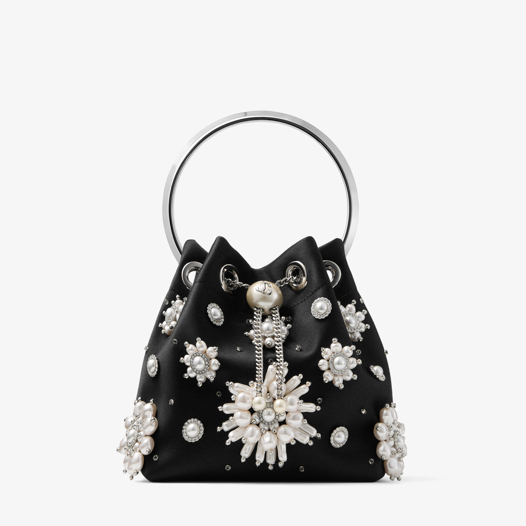 Bon Bon | Black Satin Bucket Bag with Floral Pearl Embroidery