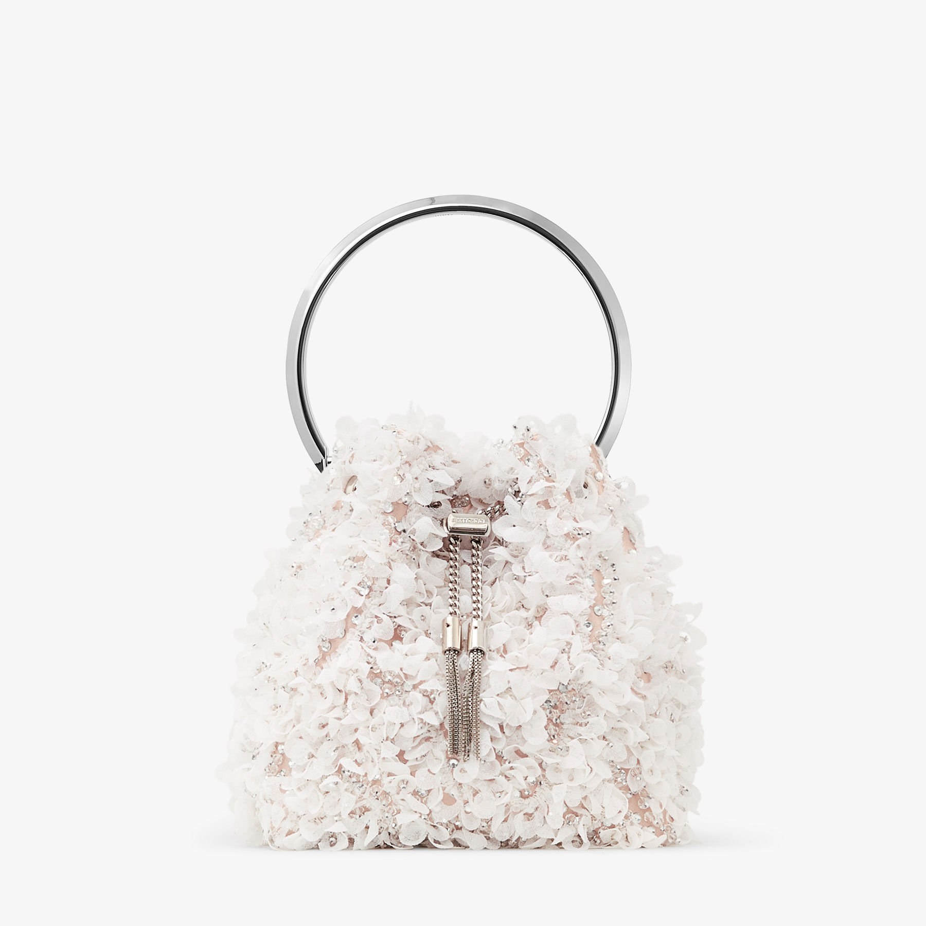 Bon Bon | Ivory Satin Bucket Bag with Petal Embroidery | JIMMY CHOO