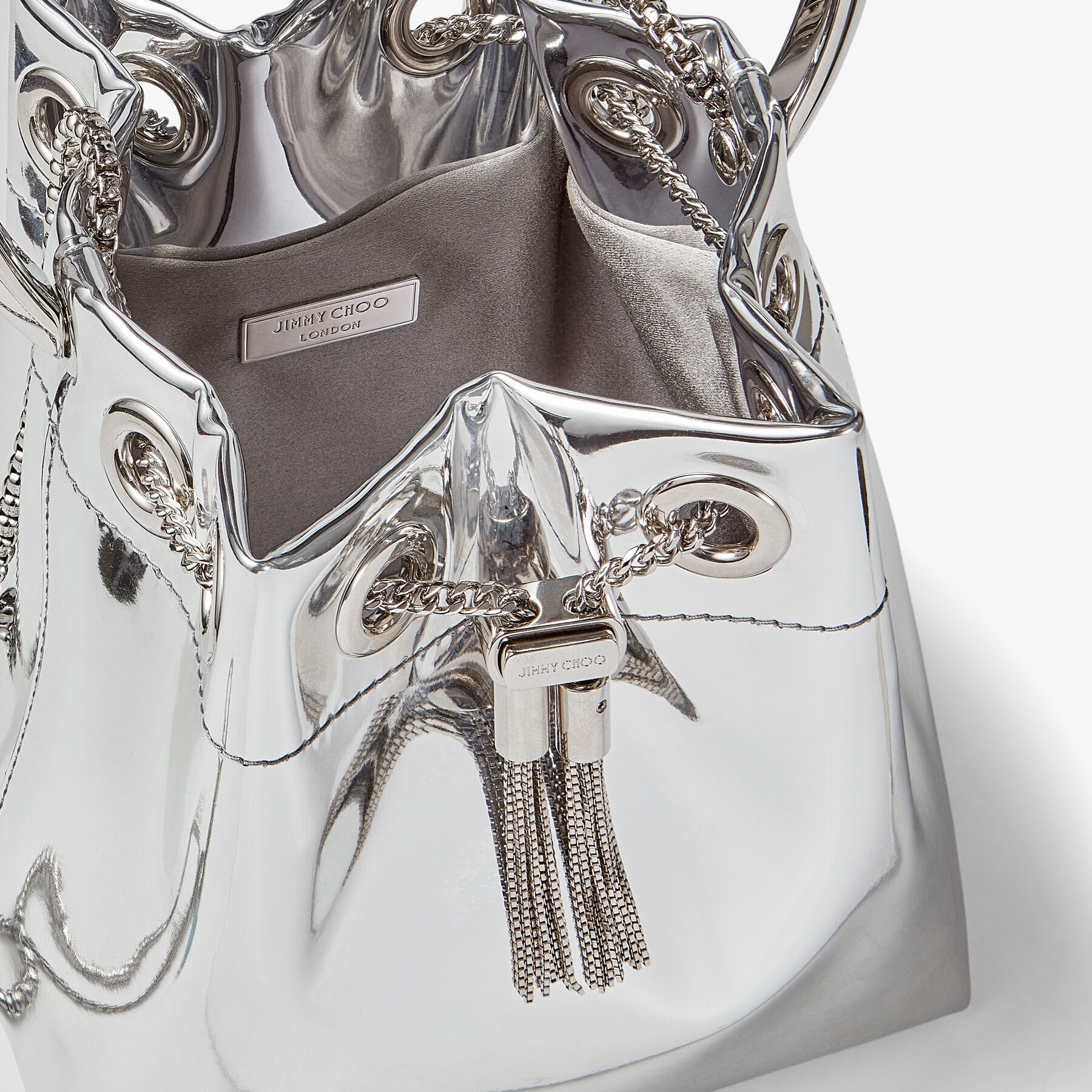 BON BON | Silver Mirror Fabric Mini Bag with Metal Handle | JIMMY CHOO