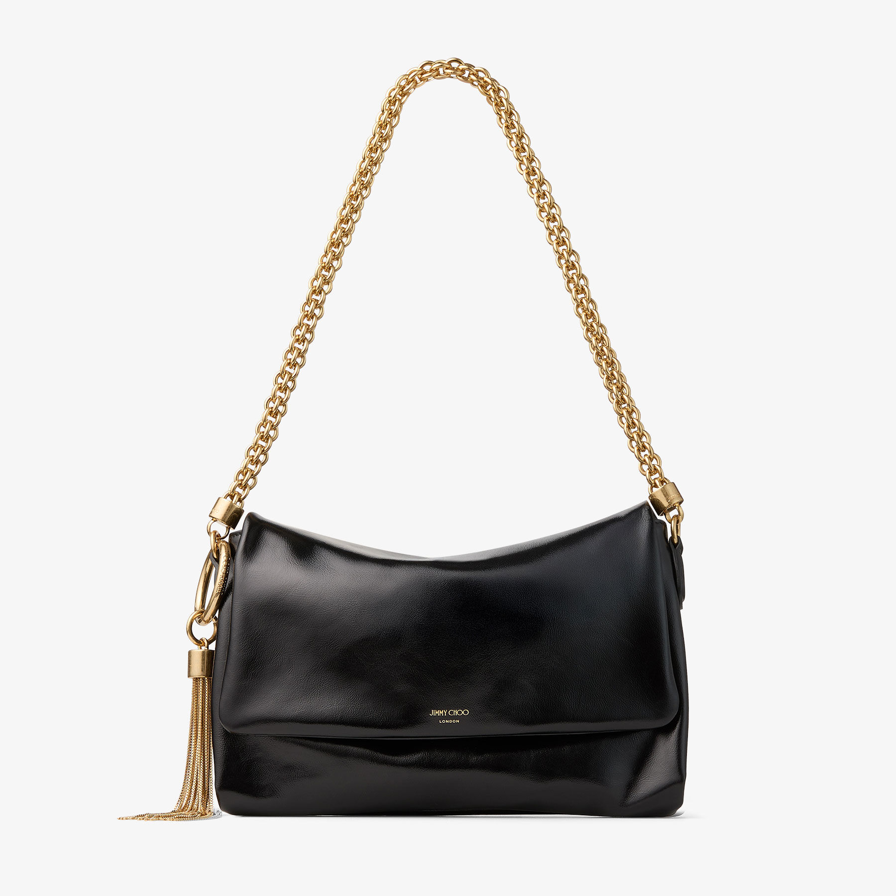 【新品未使用】JIMMY CHOO／CALLIE Callie Flap | Black Shiny Biker Leather Shoulder Bag | JIMMY CHOO