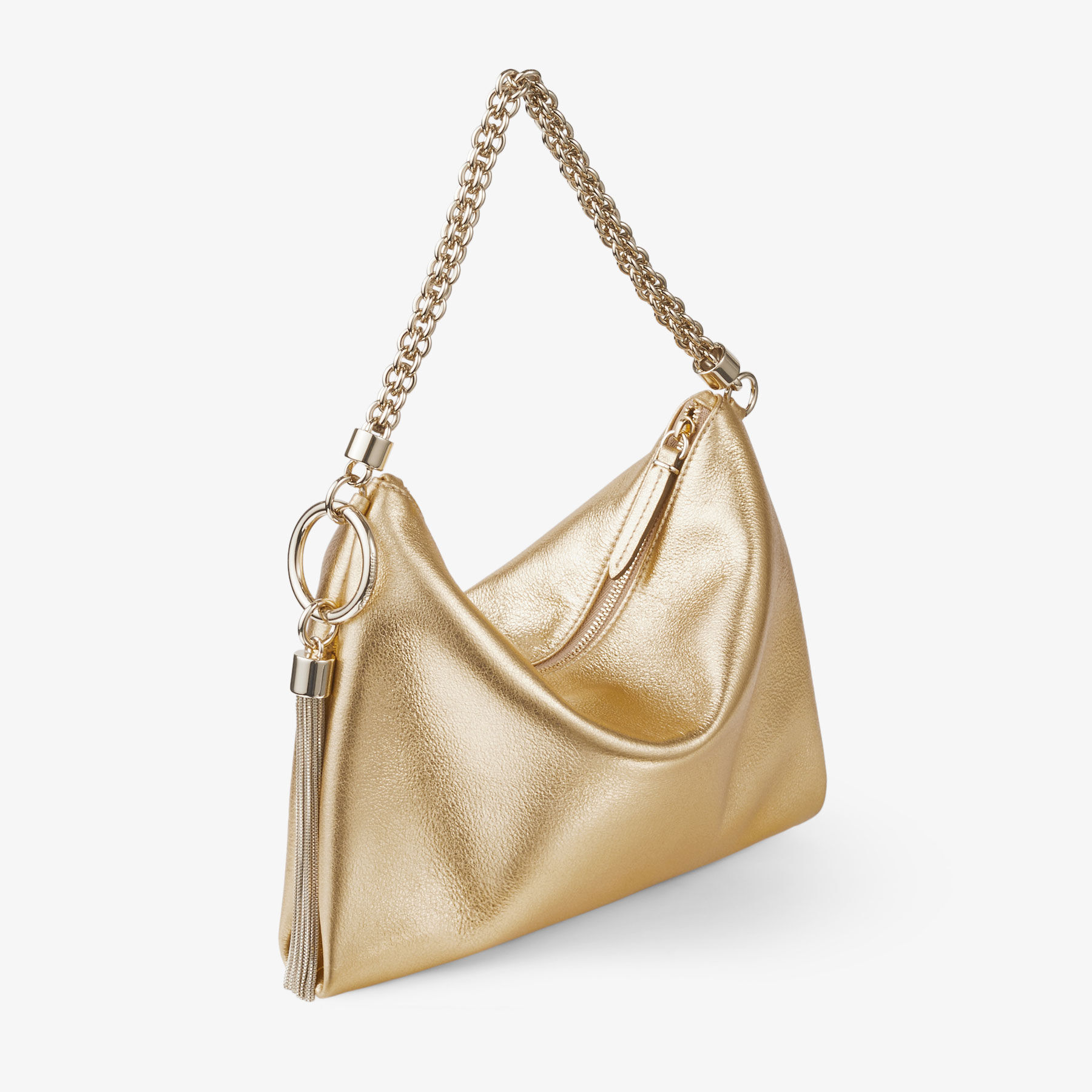 JIMMY CHOO ゴールド パーティーバッグ Gold Metallic Leather Clutch Bag With Chain Strap | CALLIE | Pre