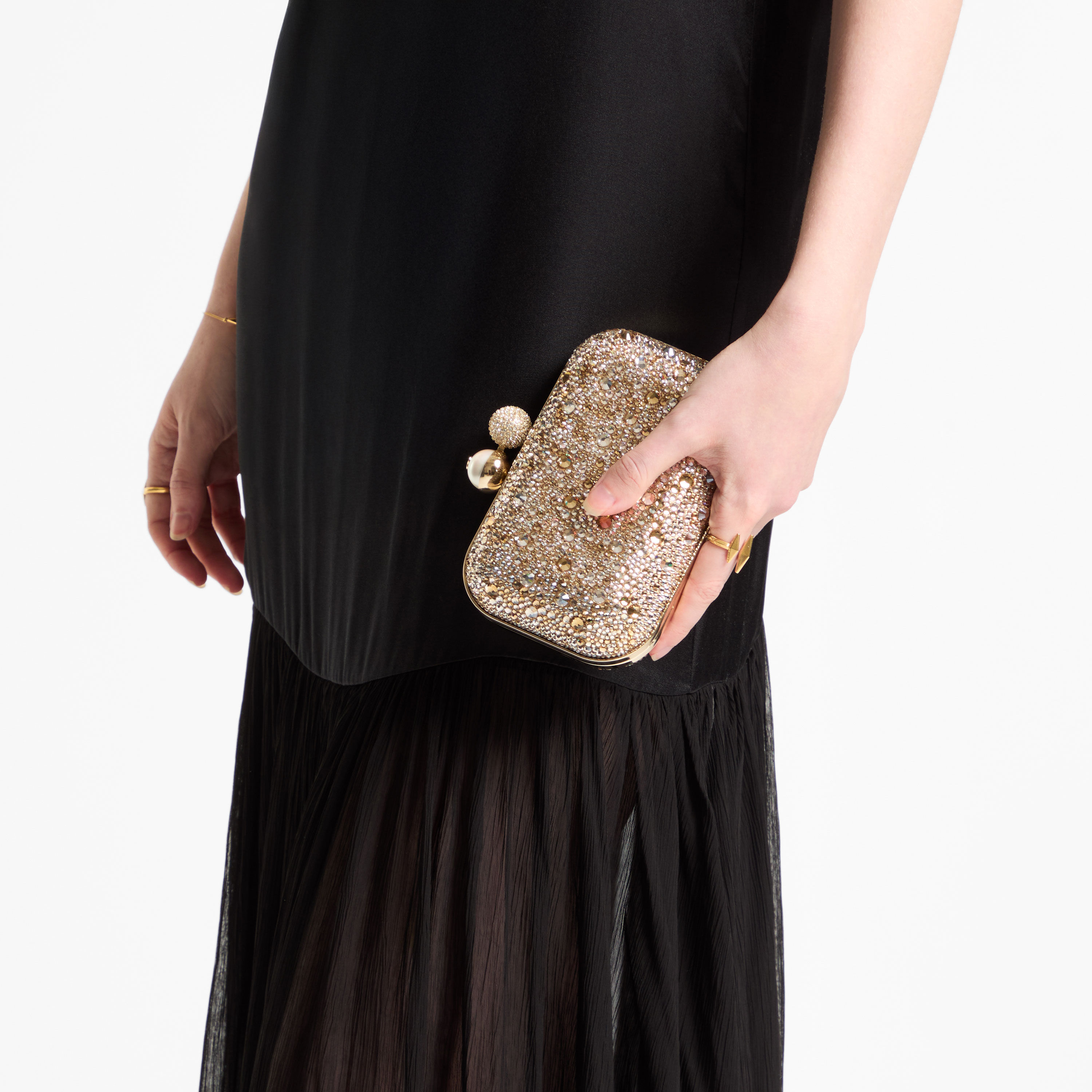 Cloud | Crystal Embellished Satin Clutch Bag with Pearl Sphere