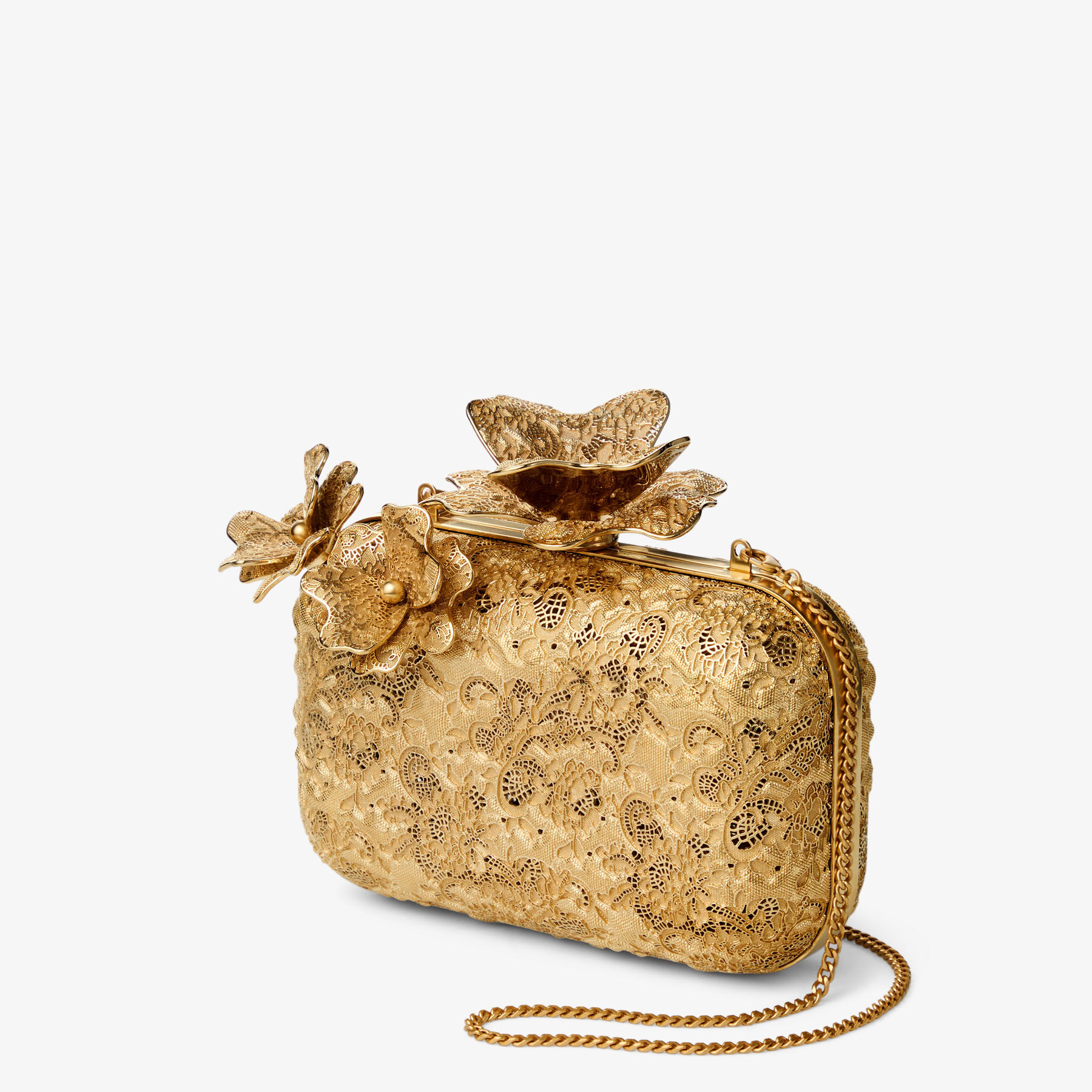 Cloud | Gold Metal Lace Clutch Bag with Corsage Clasp | JIMMY CHOO