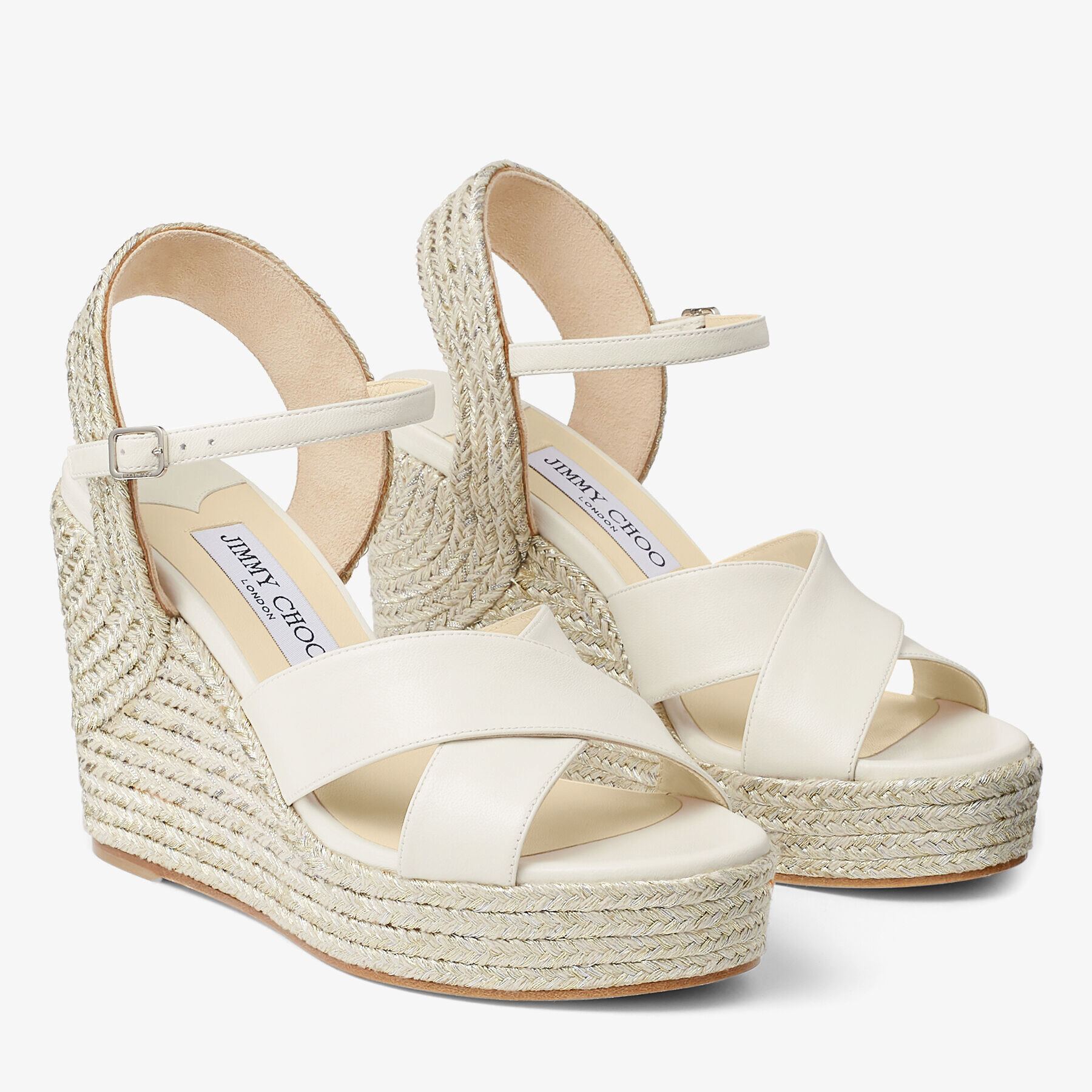 Latte Nappa Leather Wedge with Metallic Rope Trim|DELLENA 100