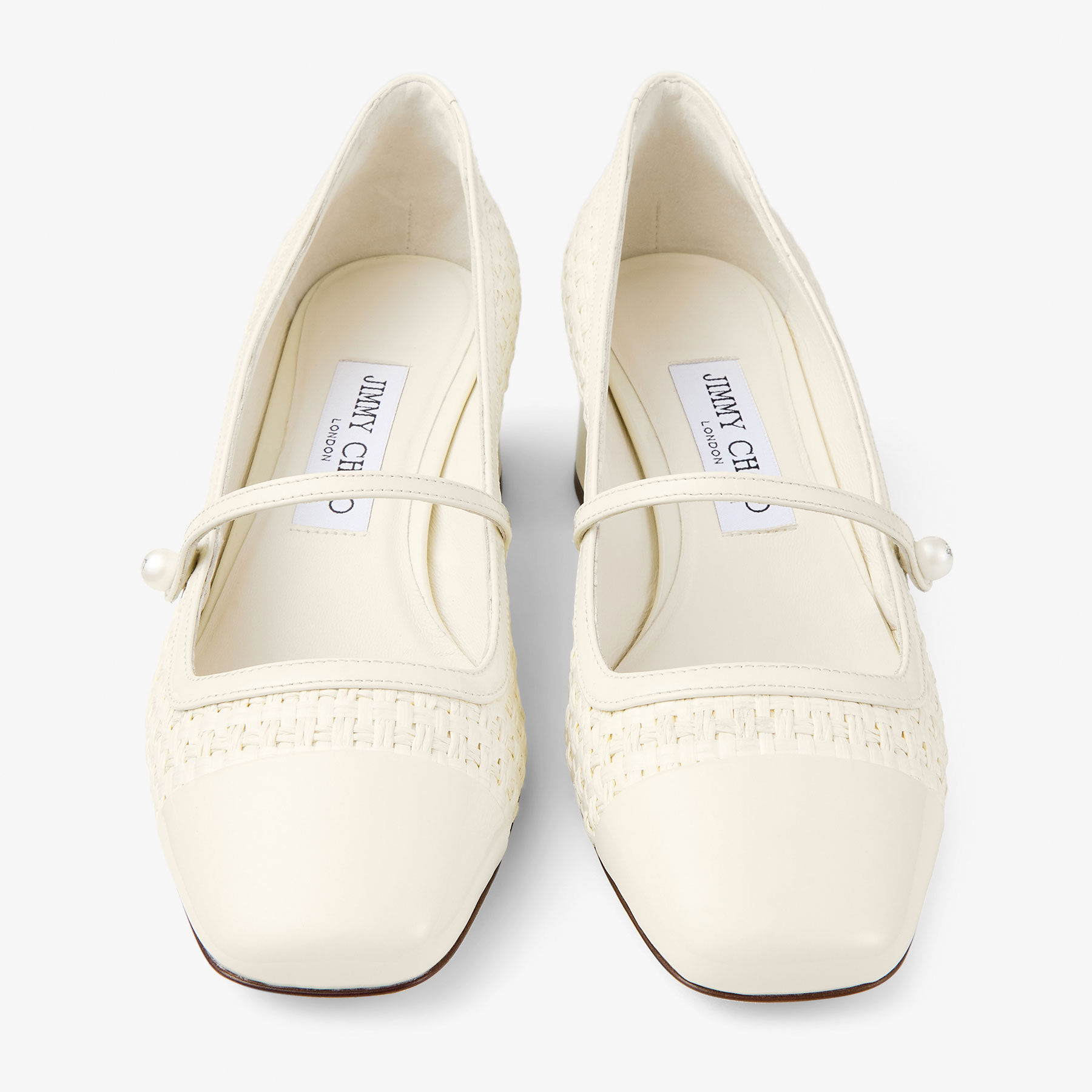 JIMMY CHOO Elisa 45 パテントレザー ラフィアパンプス Elisa 45 | Latte Patent Leather and Raffia Pumps | JIMMY CHOO