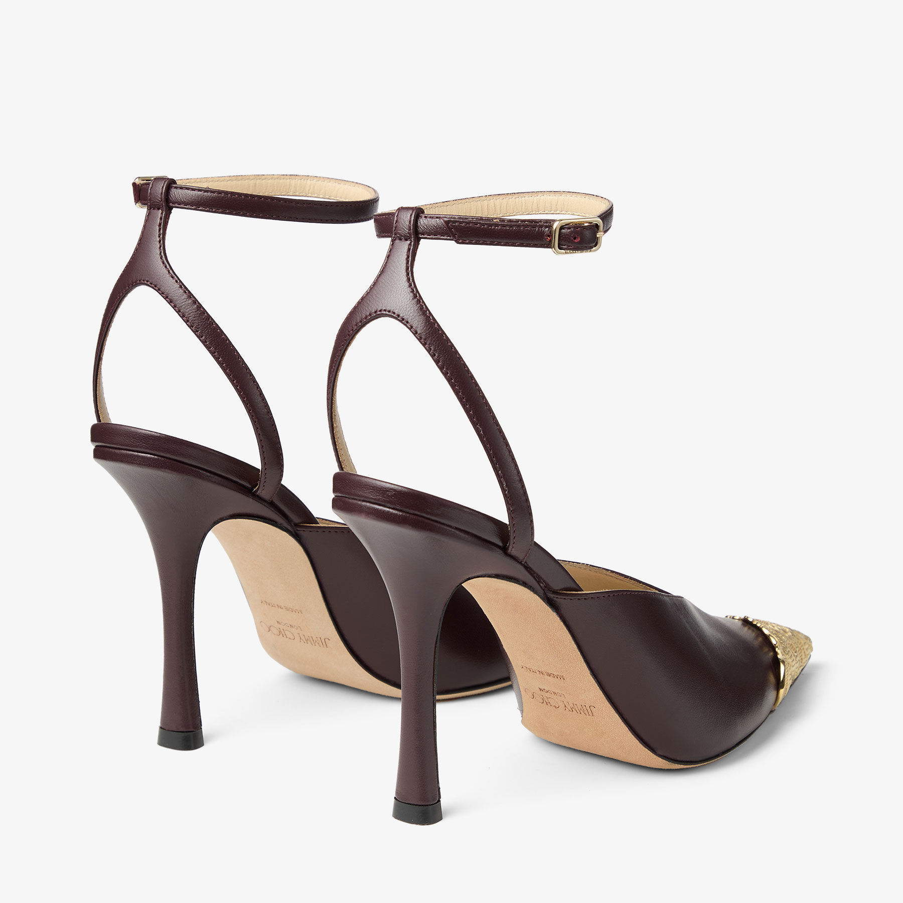 Faiz 100 | Deep Merlot and Vintage Gold Leather Pumps with Metal
