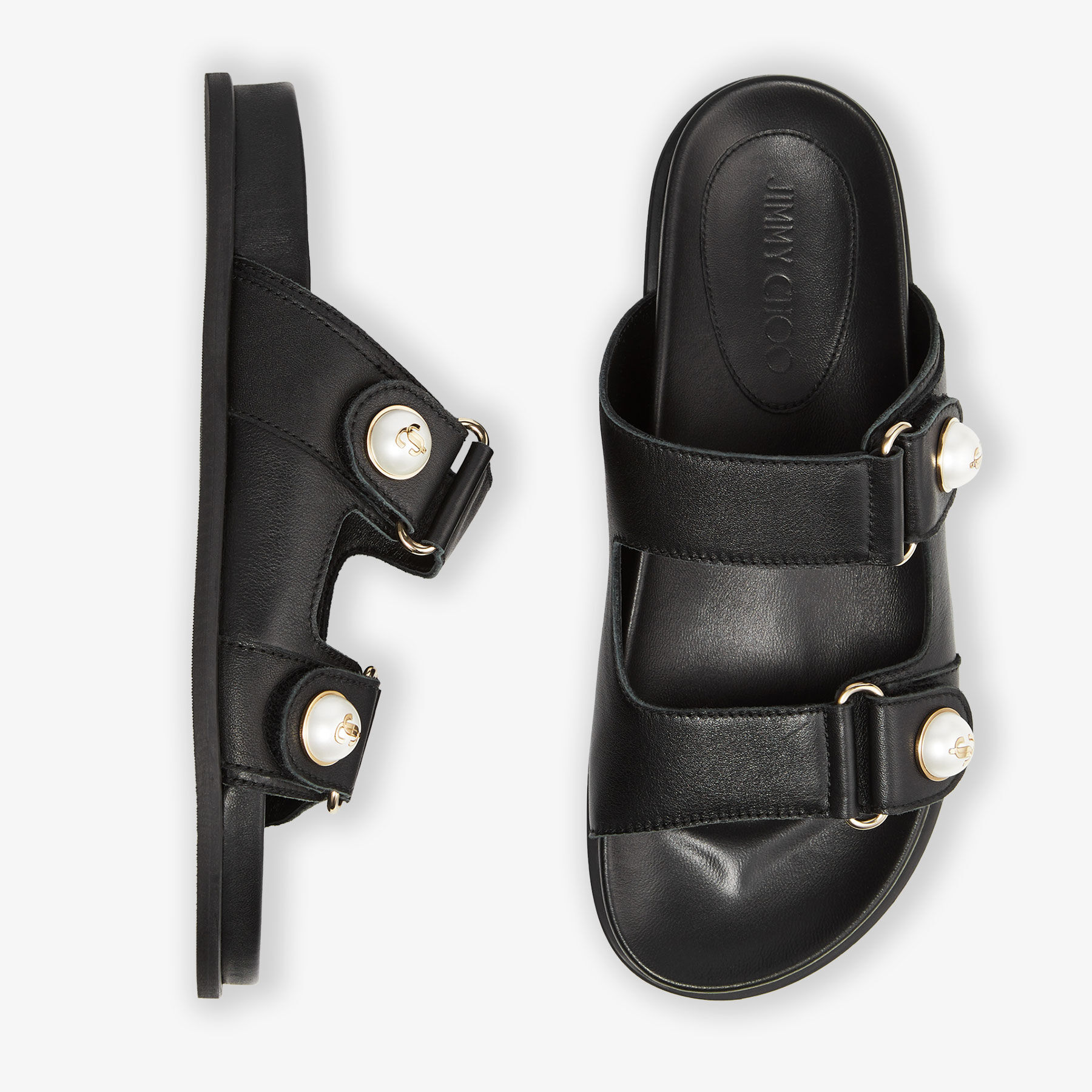 FAYENCE SANDAL | Black Leather Flat Sandals with Pearl