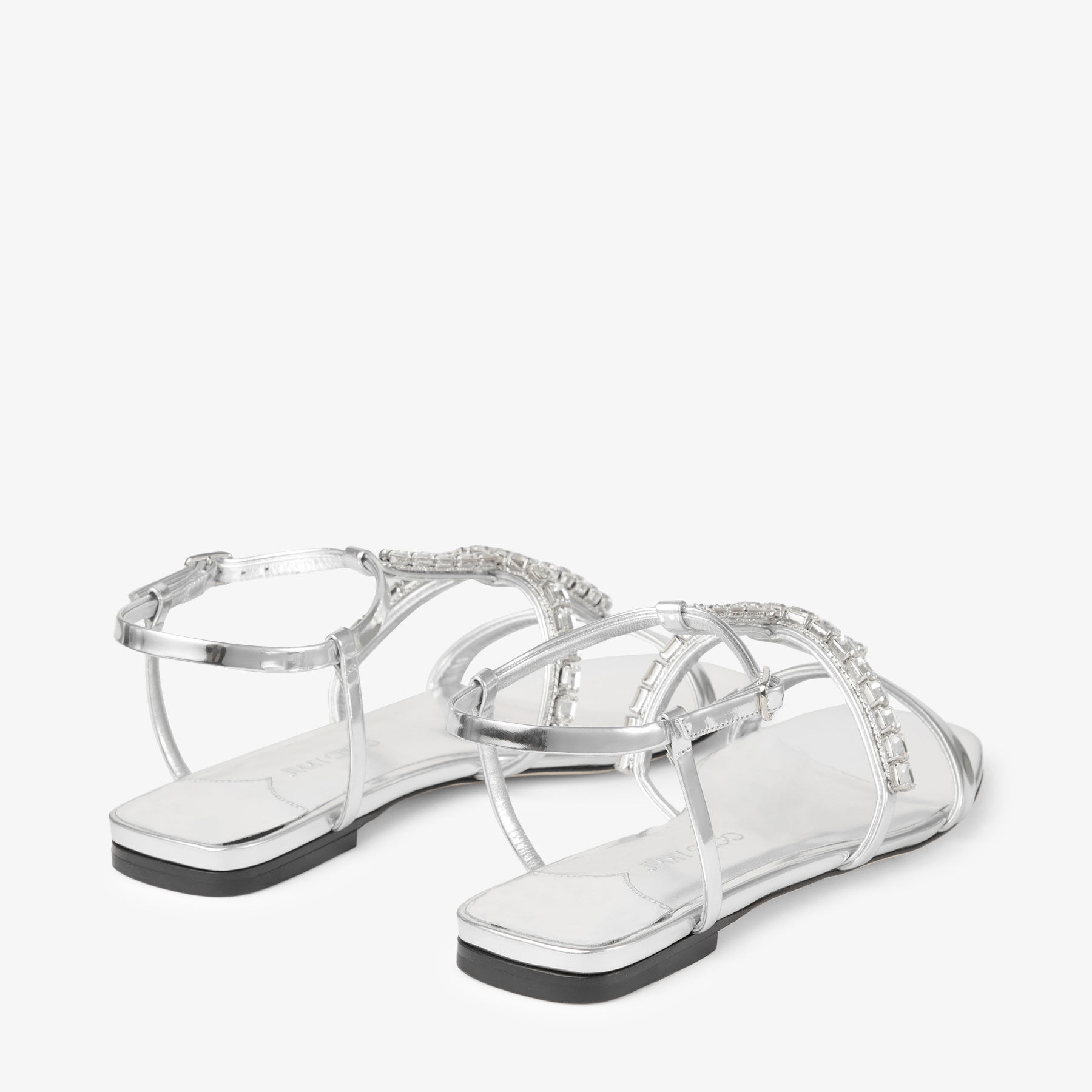Gwyn Flat Silver Leather Sandal with Crystal Embellishments