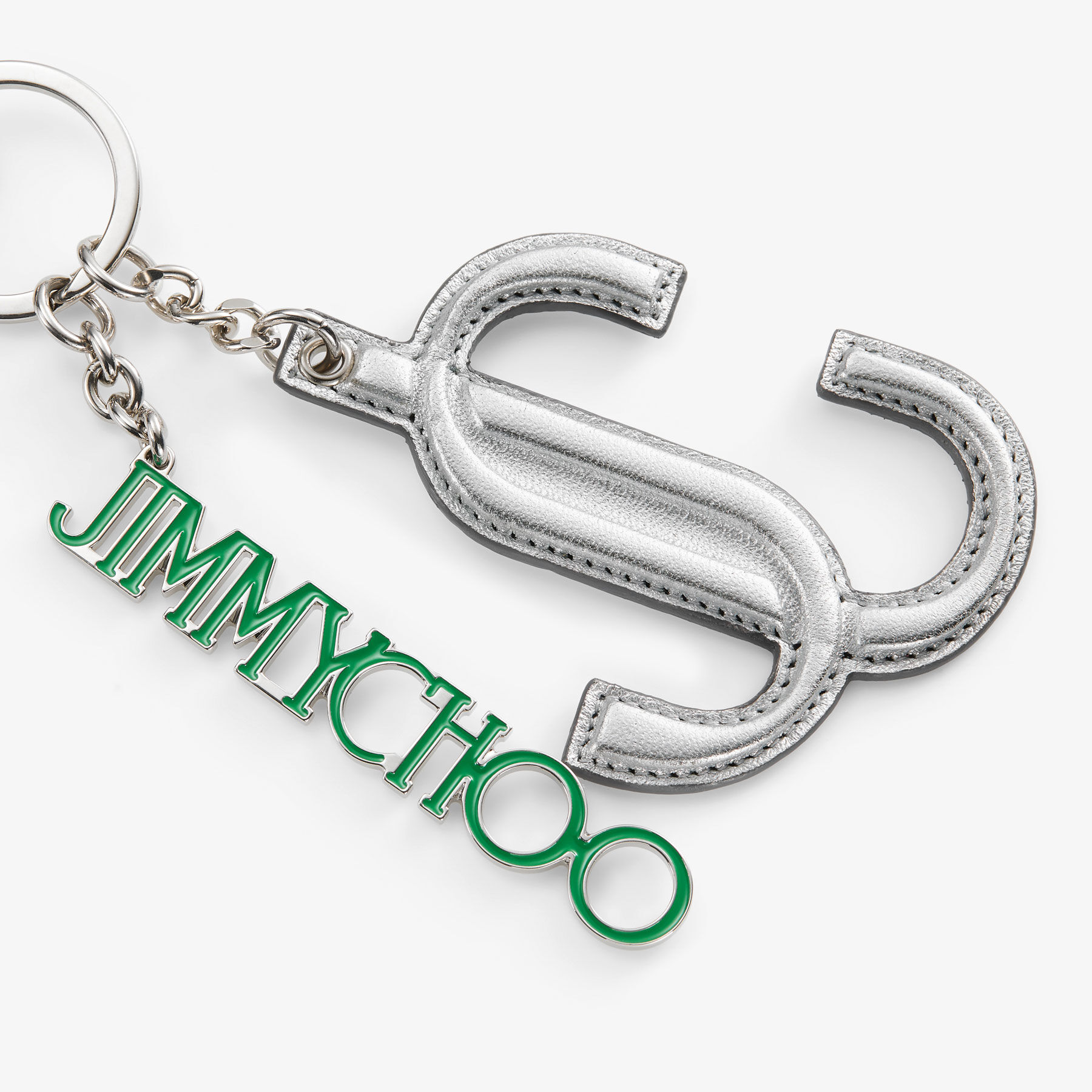 JIMMY CHOO ストーン付きキーホルダー Silver & Green Metallic Nappa Star Logo | Bag Charm | JIMMY CHOO