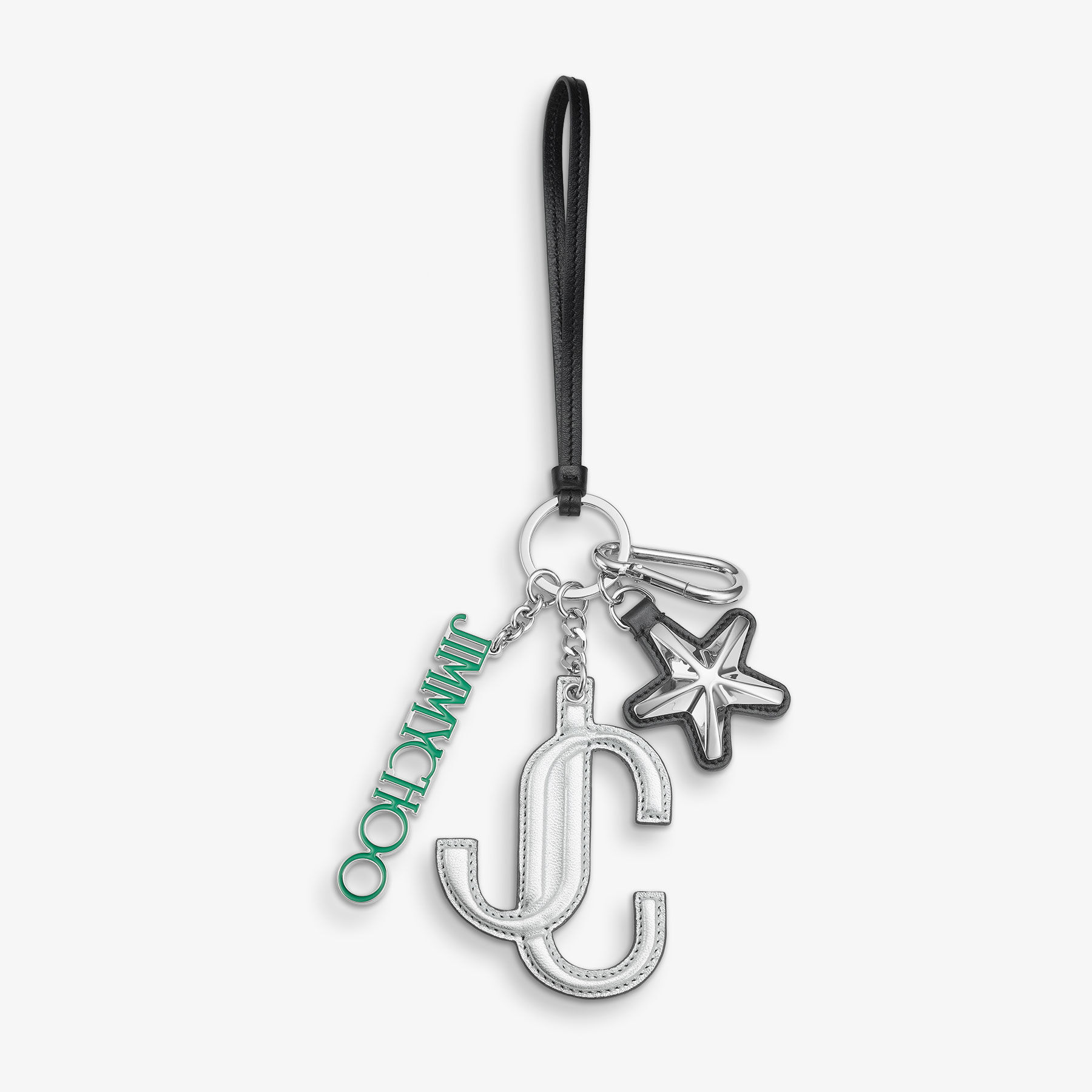 JIMMY CHOO ストーン付きキーホルダー Silver & Green Metallic Nappa Star Logo | Bag Charm | JIMMY CHOO