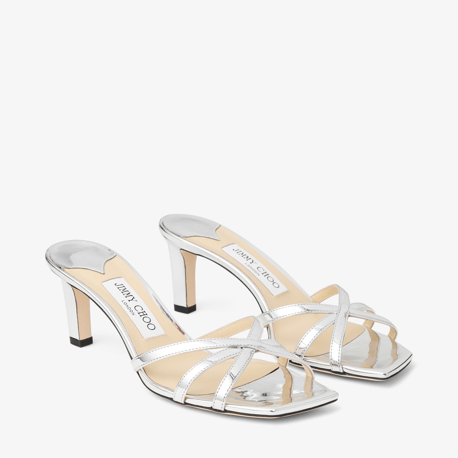 サンダル・ミュール JIMMY CHOO KELSI65 MIRROR FABRIC LEATHER SANDAL Kelsi 65 |Silver Mirror Fabric Sandals | JIMMY CHOO