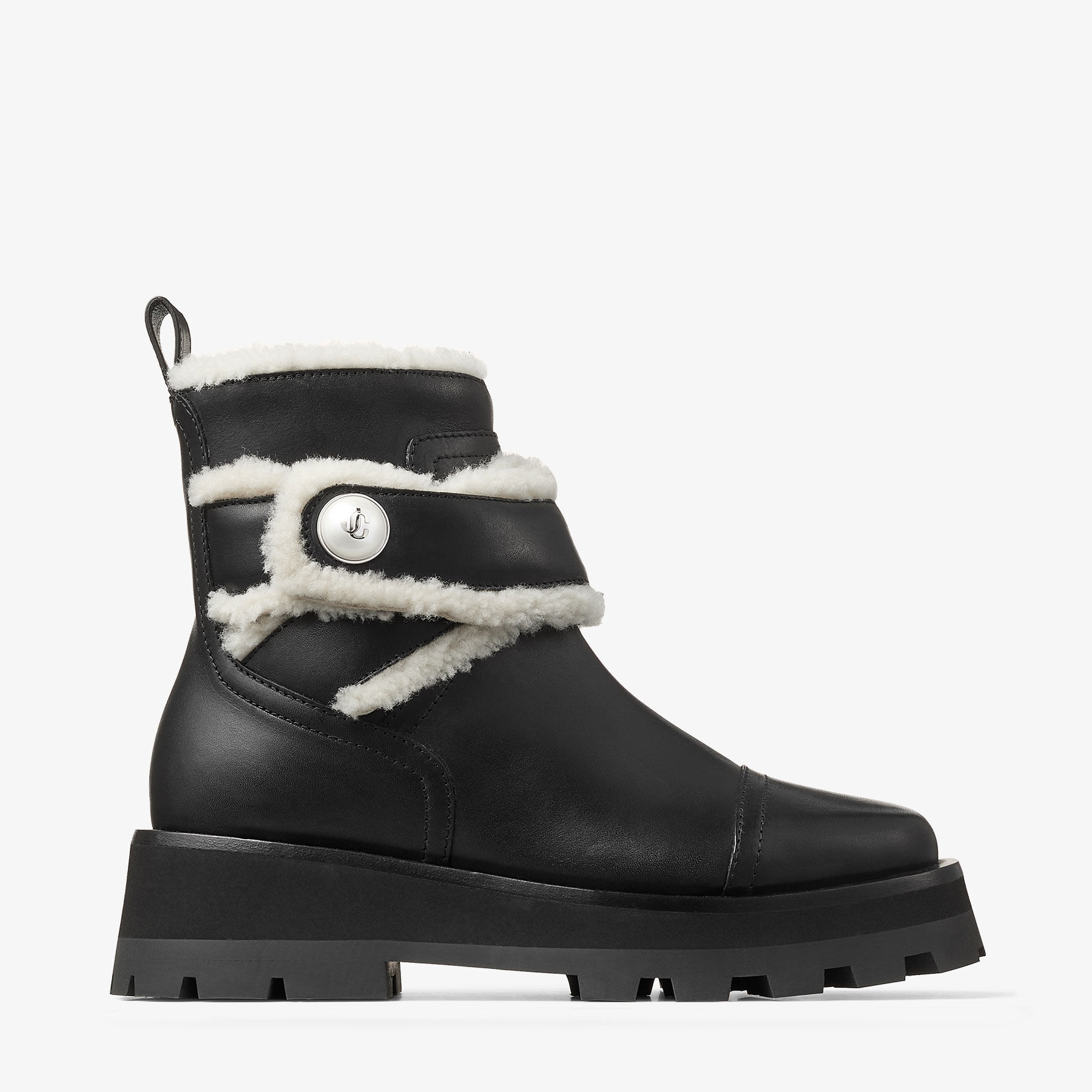 Meena Flat | Black Shiny Calf Leather Ankle Boots with Shearling