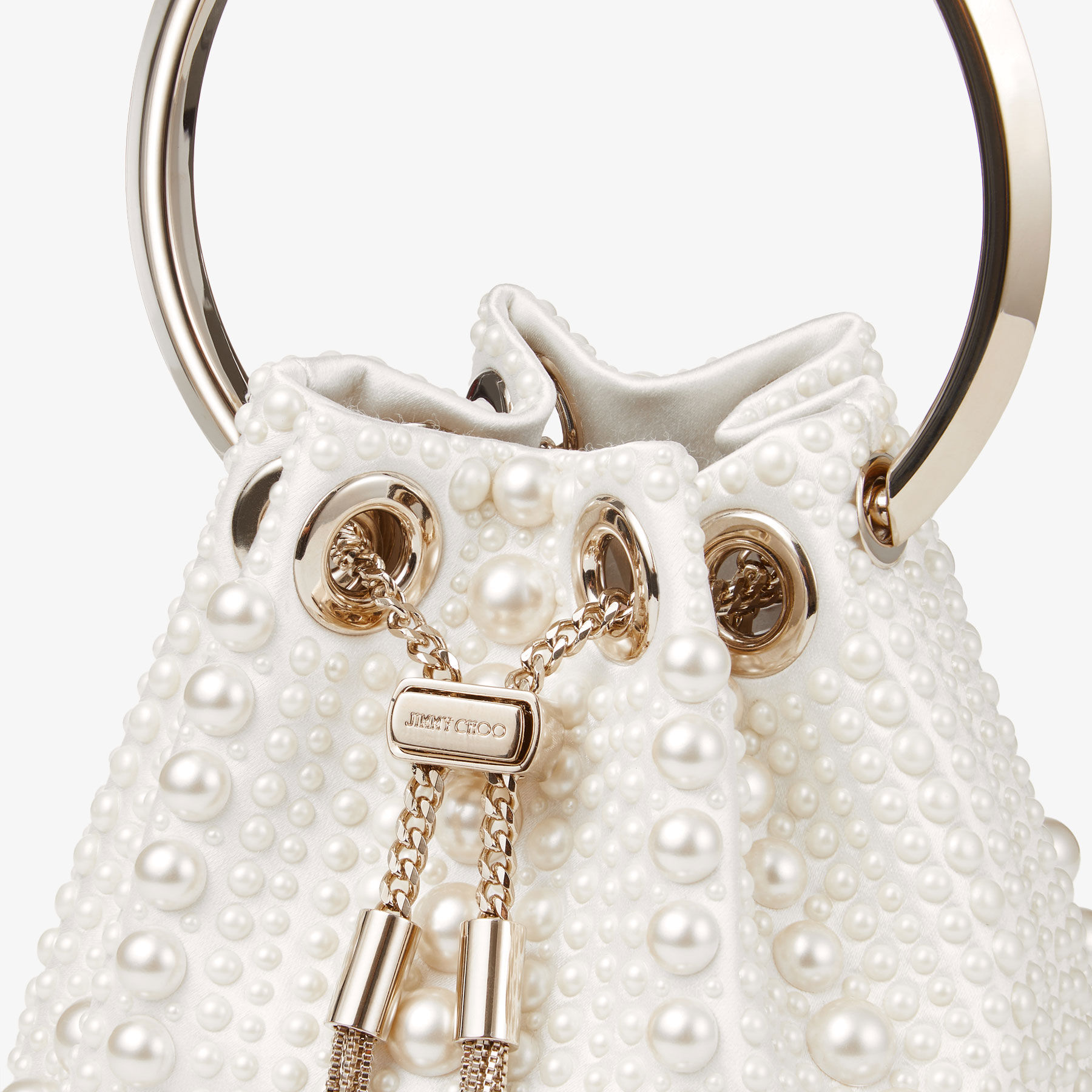 Micro Bon Bon | Ivory Satin Mini Bag with All-Over Pearls | JIMMY CHOO