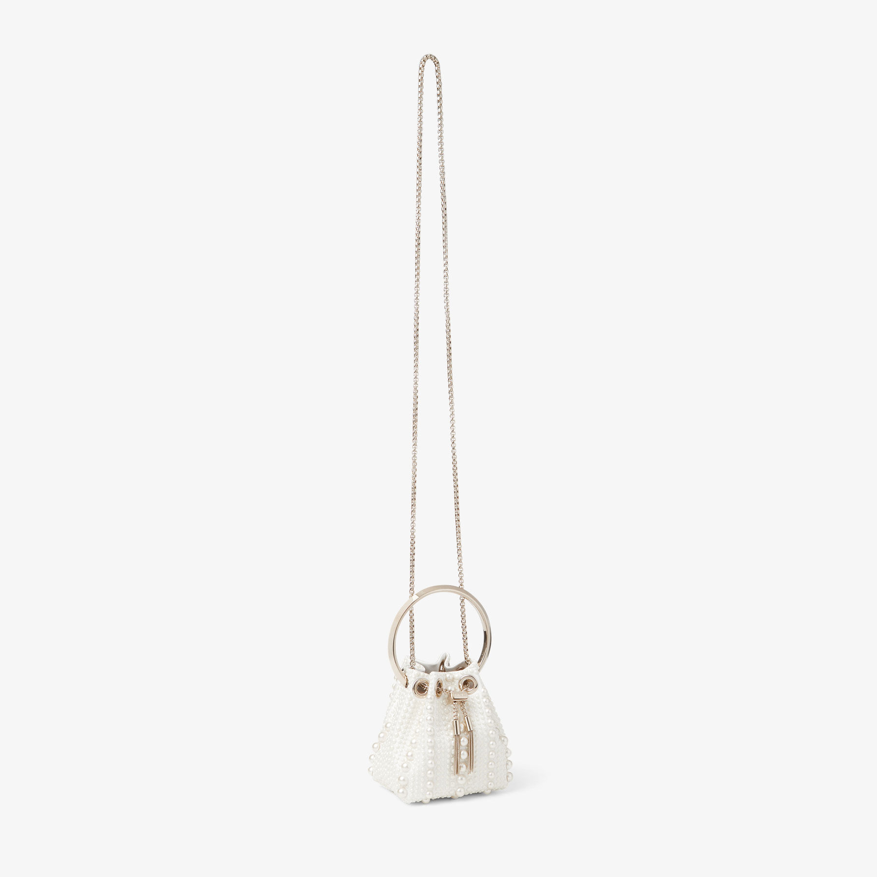Micro Bon Bon | Ivory Satin Mini Bag with All-Over Pearls | JIMMY CHOO