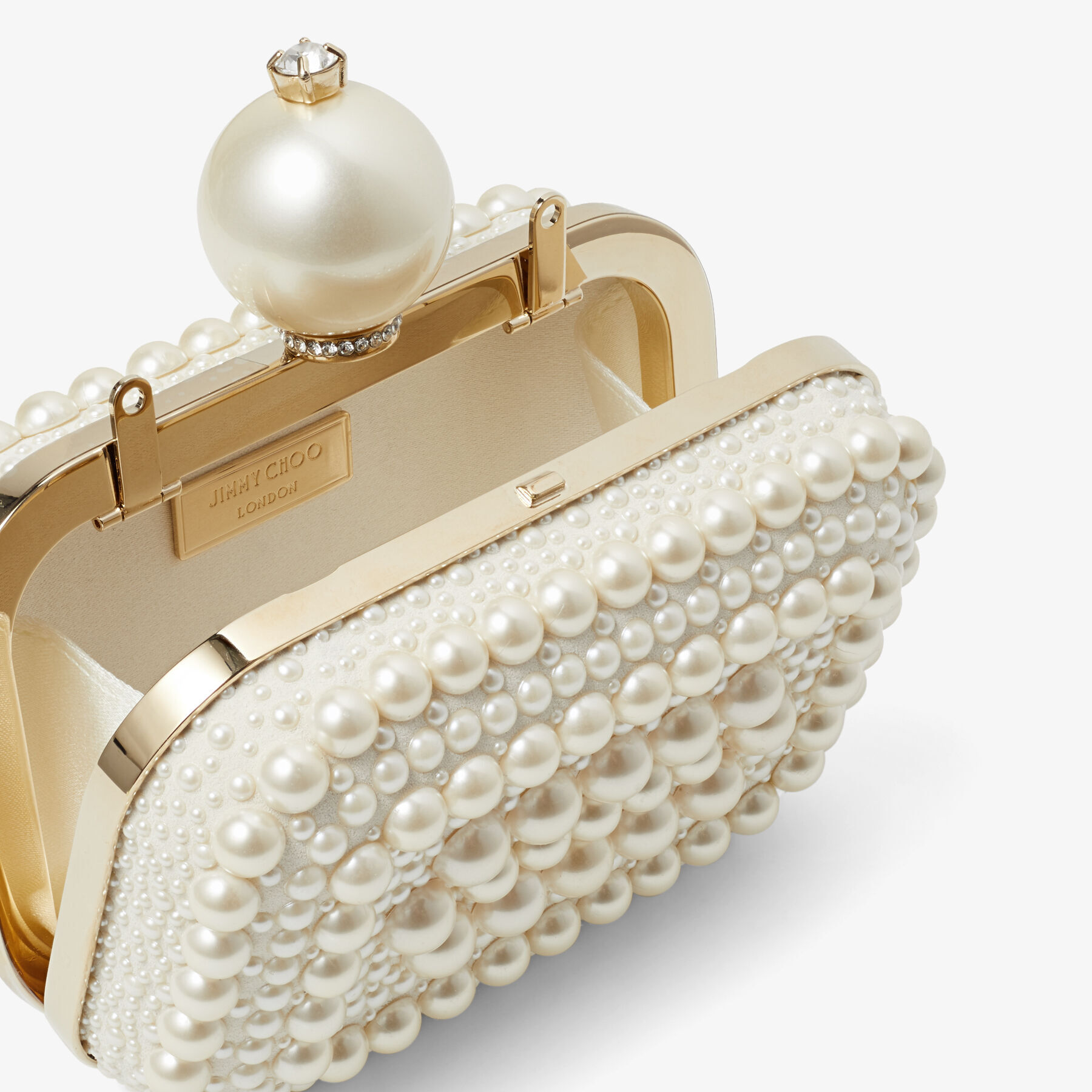 White Suede Clutch Bag with All-Over Pearl Embellishment MICRO