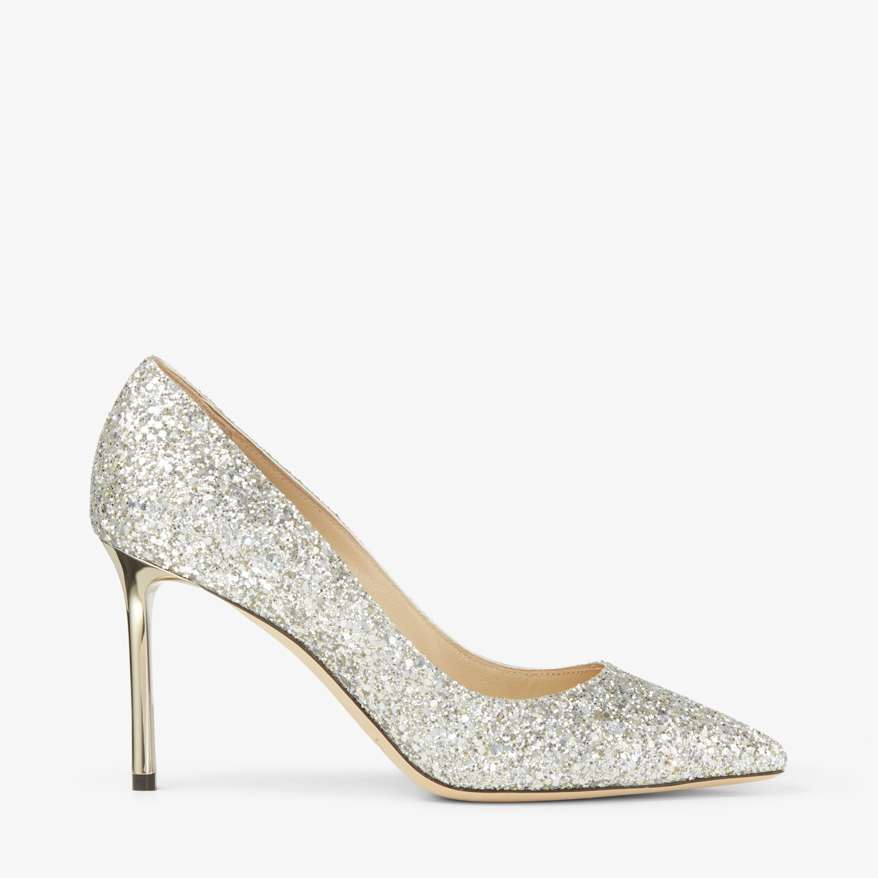 Champagne Coarse Glitter Fabric Pointy Toe Pump| ROMY 85| Pre Fall Champagne Coarse Glitter Fabric Pointy Toe Pump| ROMY 85| Pre Fall