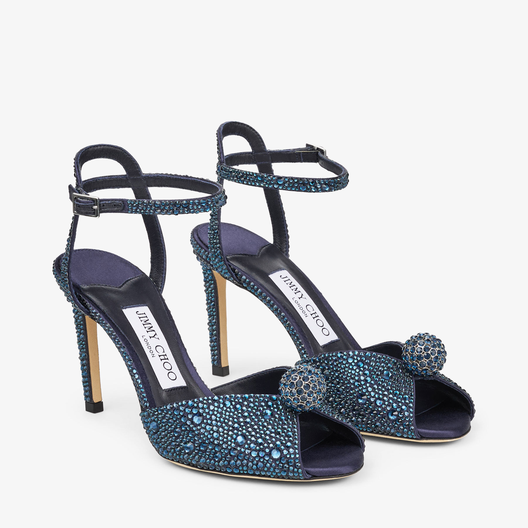 Sacora 85 | Marine Satin Sandals with Crystal Sphere | JIMMY CHOO