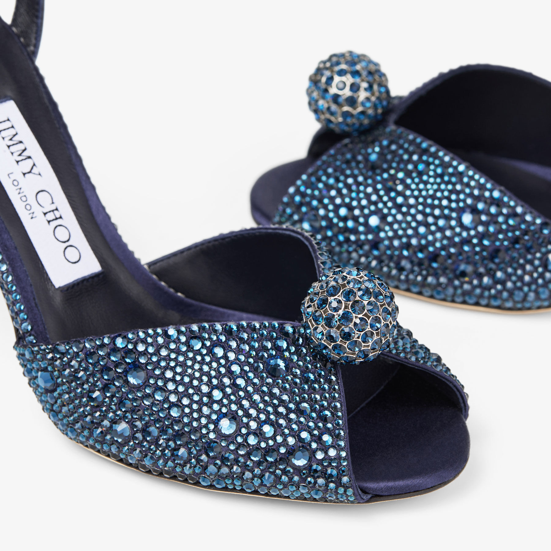 Sacora 85 | Marine Satin Sandals with Crystal Sphere | JIMMY CHOO