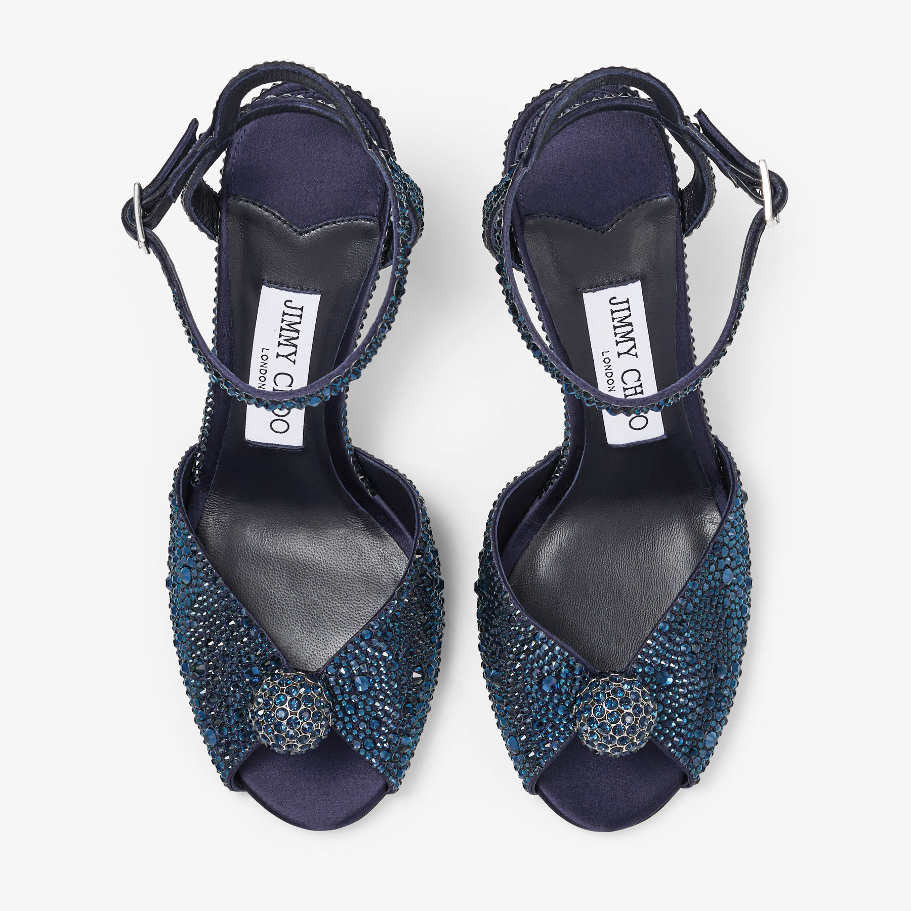 JIMMY CHOO SARESA FLAT 35 クリスタルビジュー　ネイビー Sacora 85 | Marine Satin Sandals with Crystal Sphere | JIMMY CHOO
