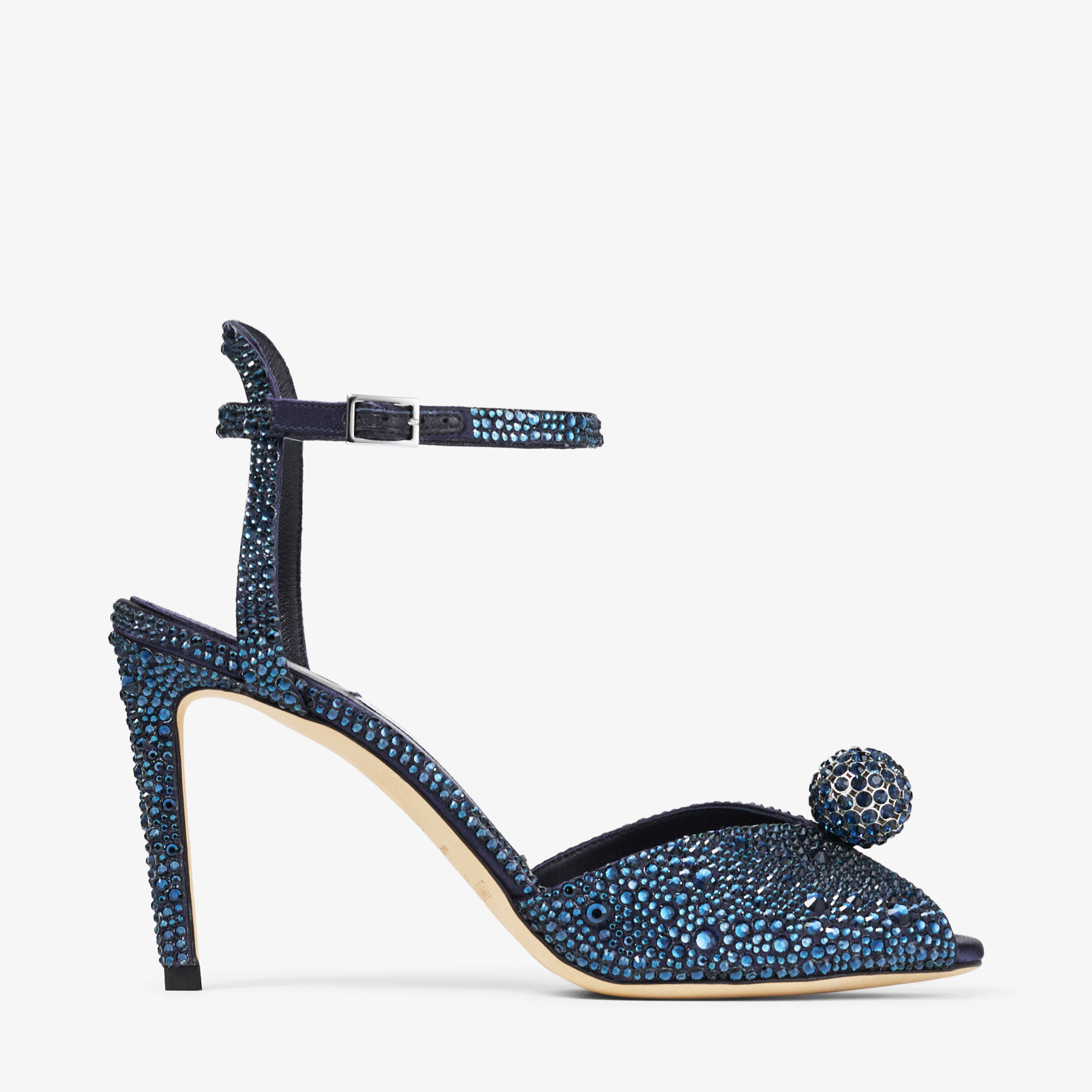 Sacora 85 | Marine Satin Sandals with Crystal Sphere | JIMMY CHOO