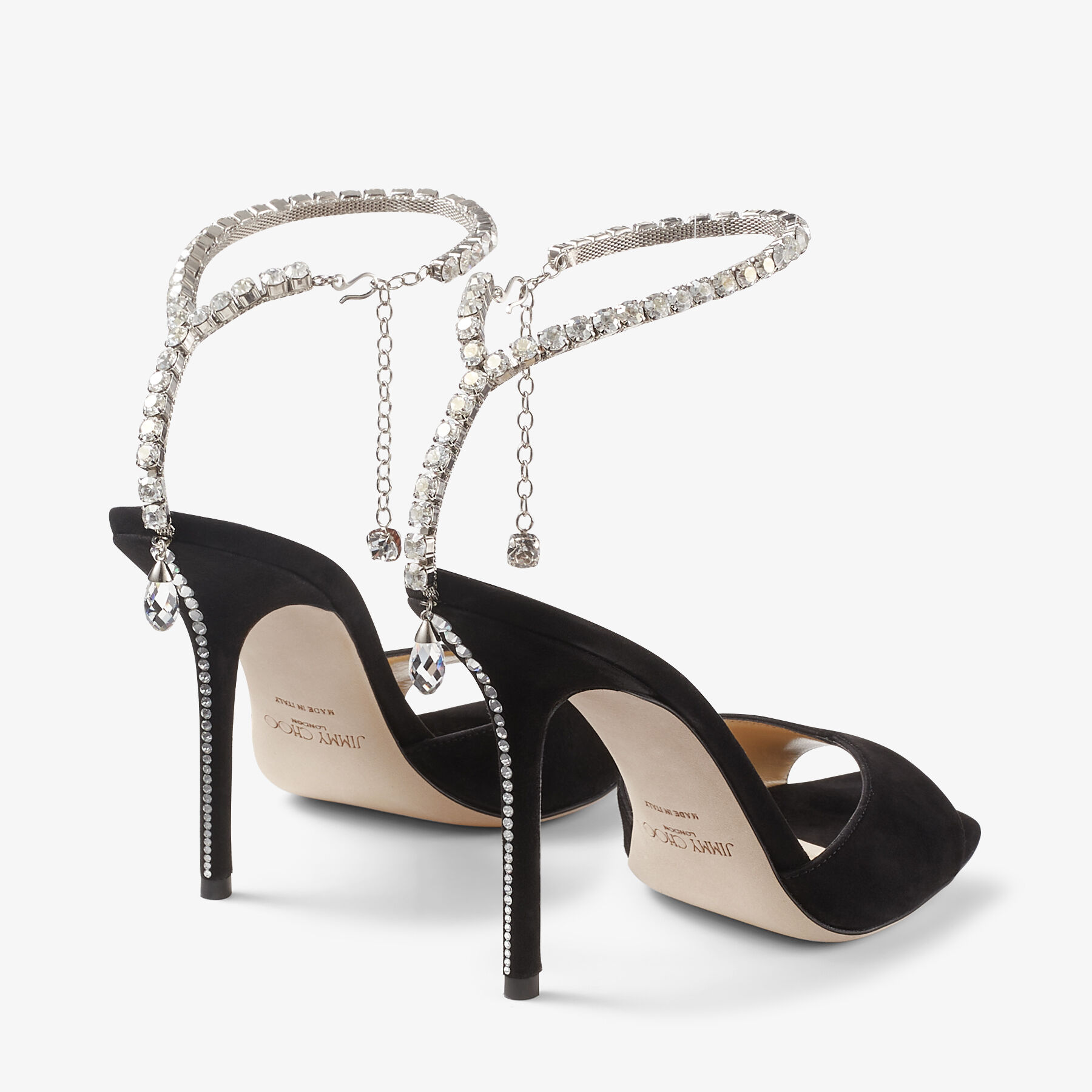 SAEDA SANDAL 100 | Black Suede Sandals with Crystal Embellishment