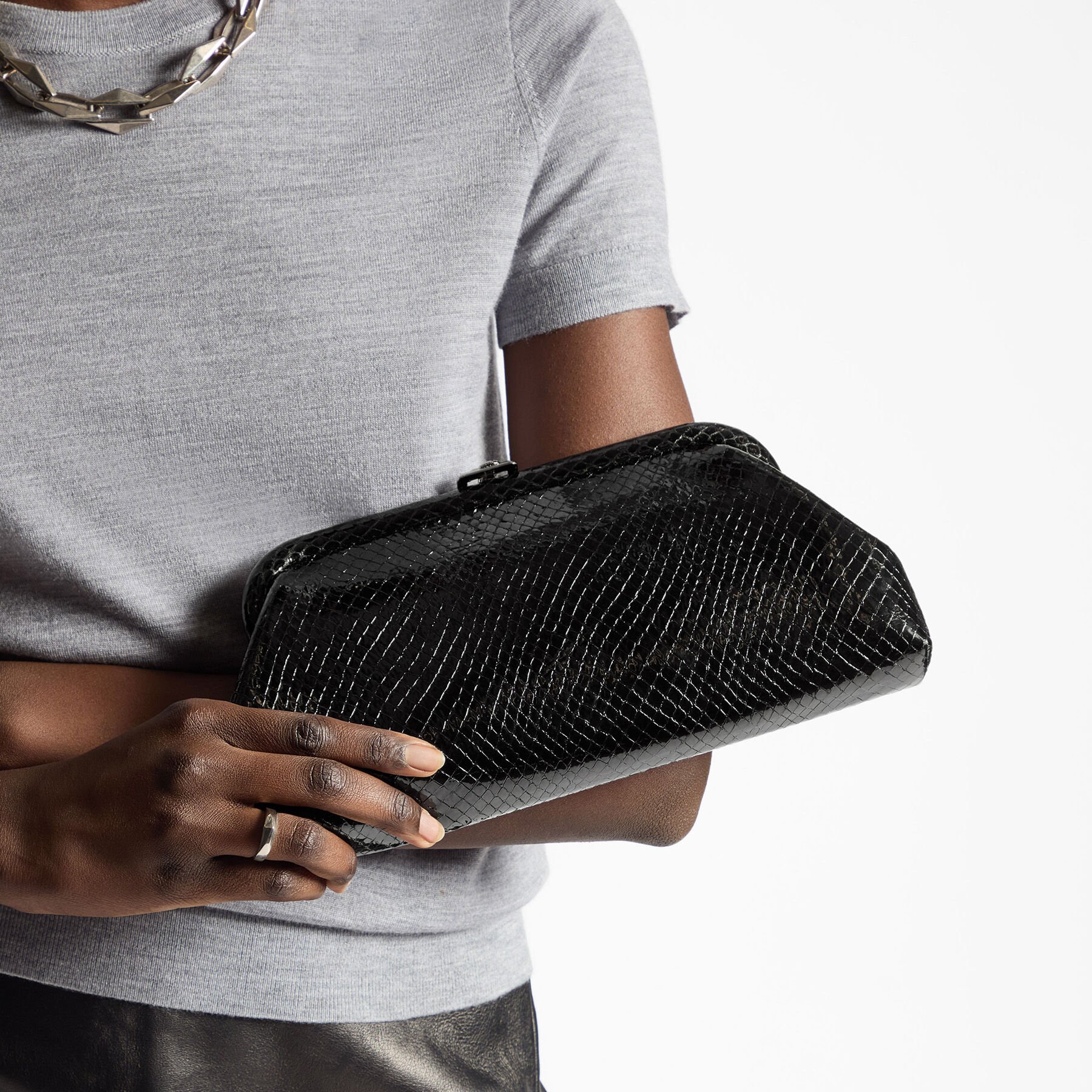 Skylar | Black Shiny Snake Printed Leather Clutch with Square JC