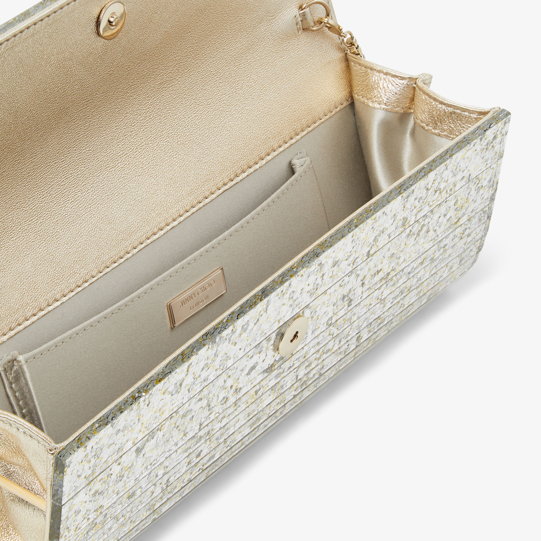 JIMMY CHOO シルバー ゴールド　パーティーバッグ　2way ラメ BON BON | Gold Satin Bag with Crystals | JIMMY CHOO