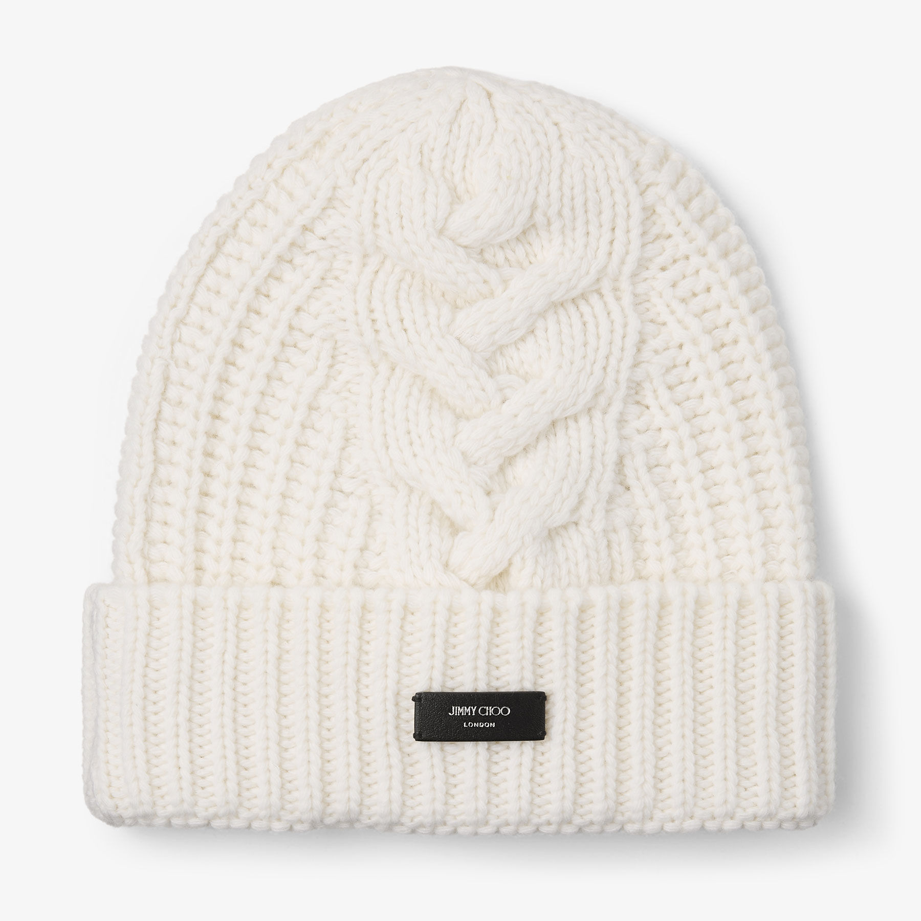 帽子 rurumu: 2022aw usa-mimi knit cap ivory Yuki Cable | Latte Cable Knit Beanie with Leather Logo Tag | JIMMY