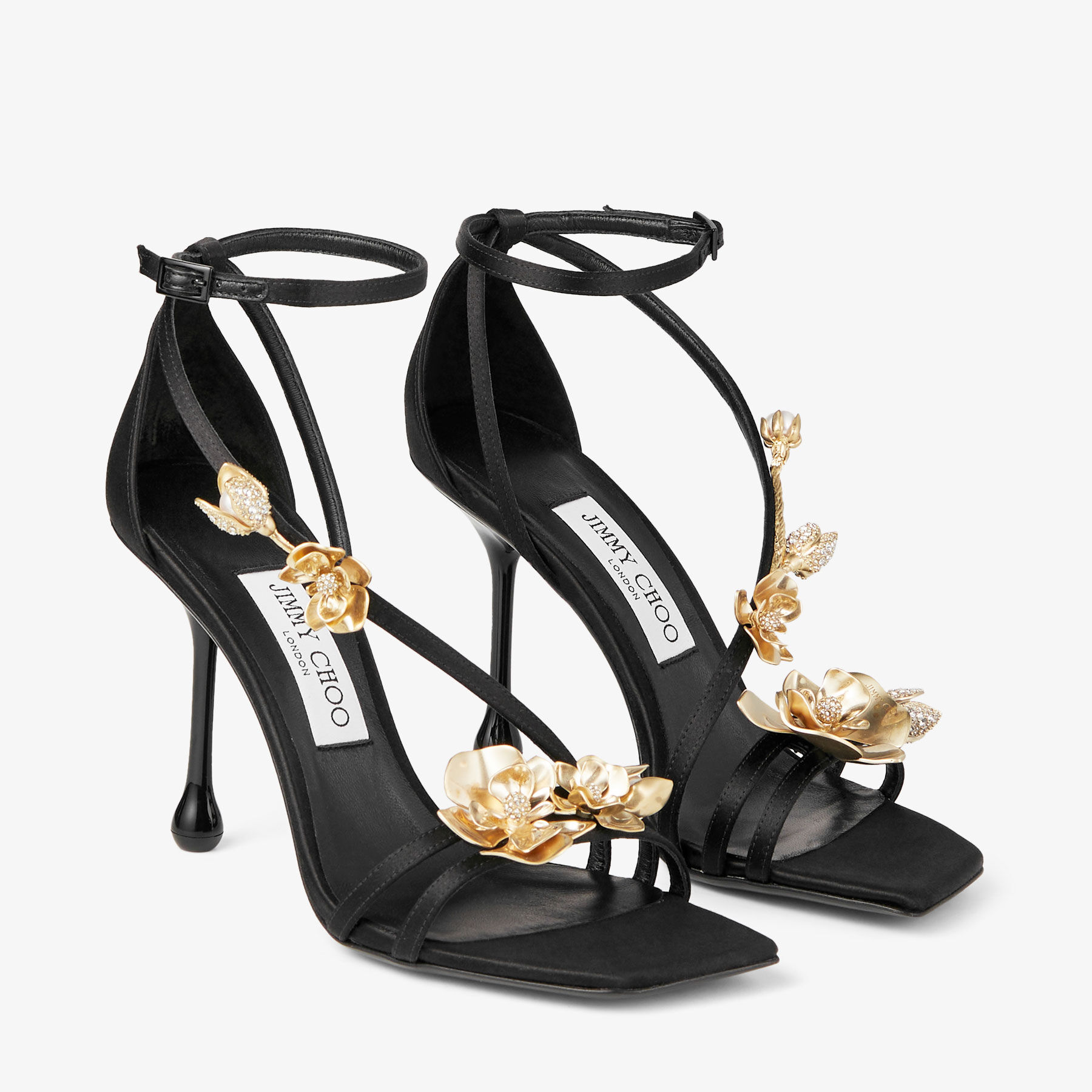 ④【美品】JIMMY CHOO☆ジミーチュウ☆ブラック☆GALA☆36 ZEA 95 | Black Satin Sandals with Metal Flowers | New Collection