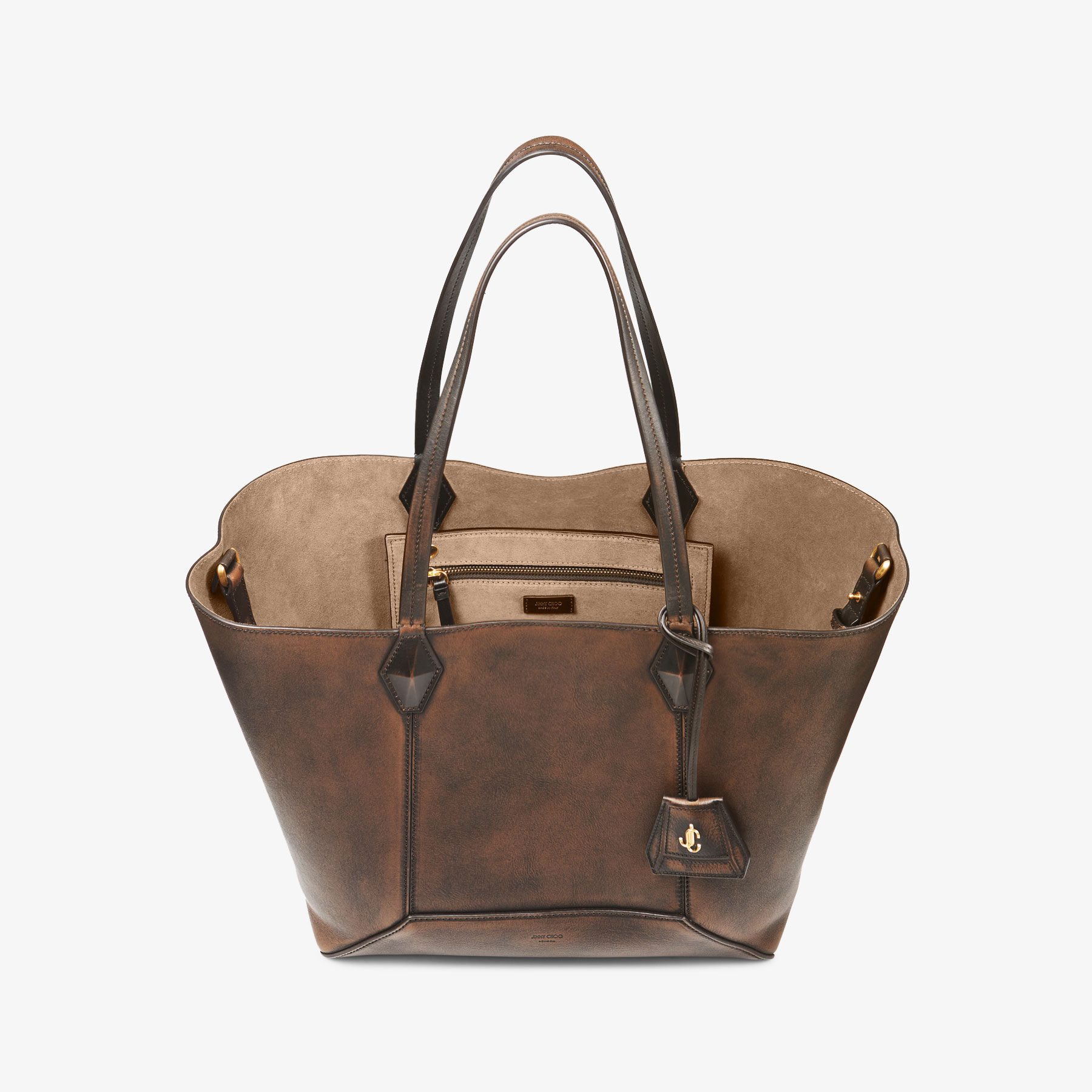 JIMMY CHOO MADDIEDIAMONDUUECOFFEE 関税送料込 ダイヤモンド トート M | コニャック スムースカーフレザー