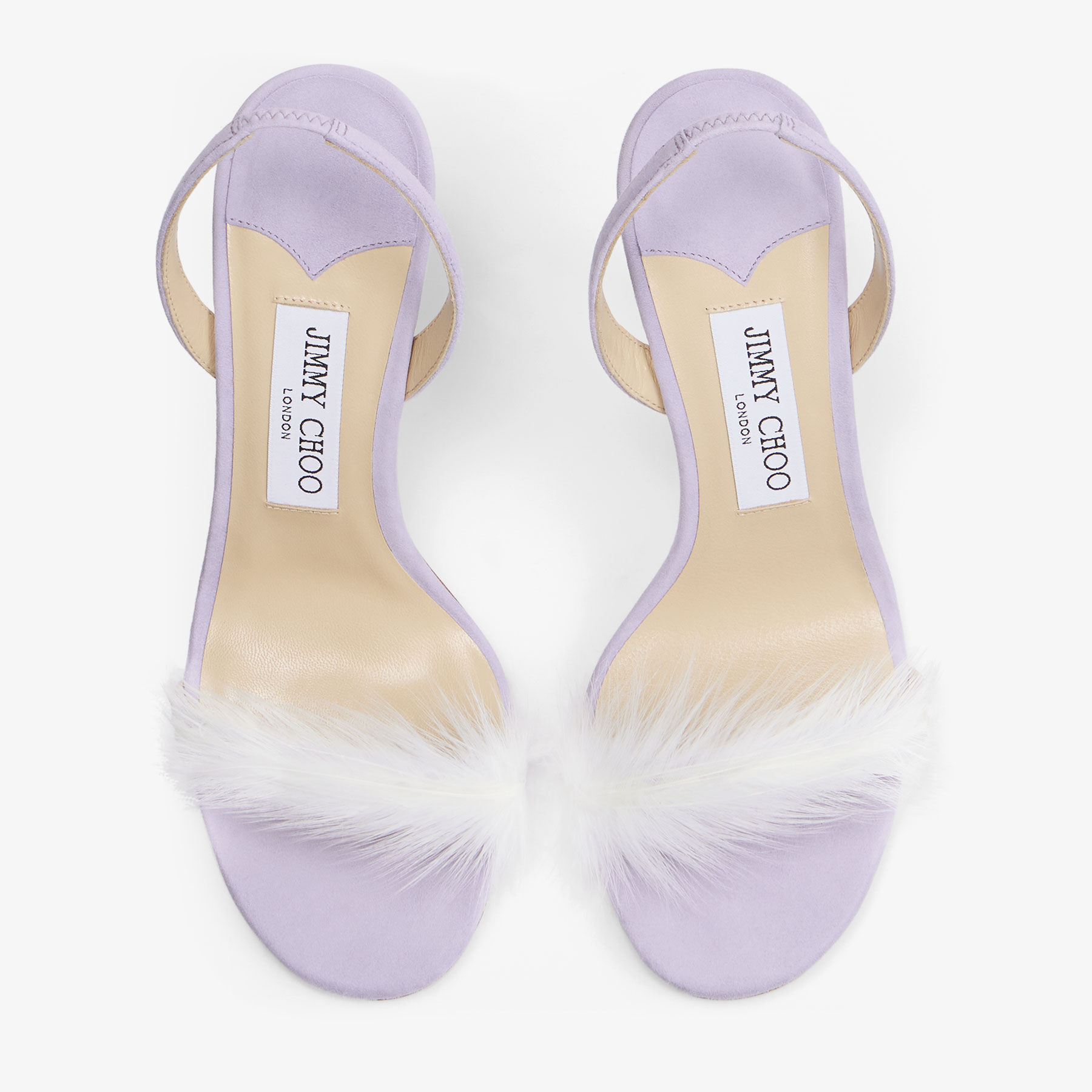 72138” | Lilac Suede Sandal with Feather Embellishment | JIMMY CHOO