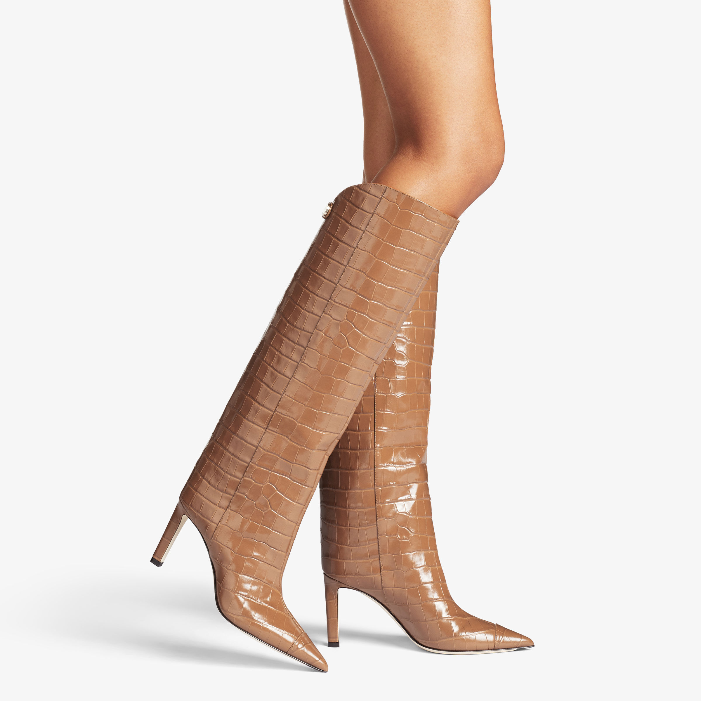店内商品がすべてレジにて半額！！ | 85 KB ALIZZE Tan Boots Knee-High Leather Croc-Embossed 下駄箱・靴箱・シューズラック