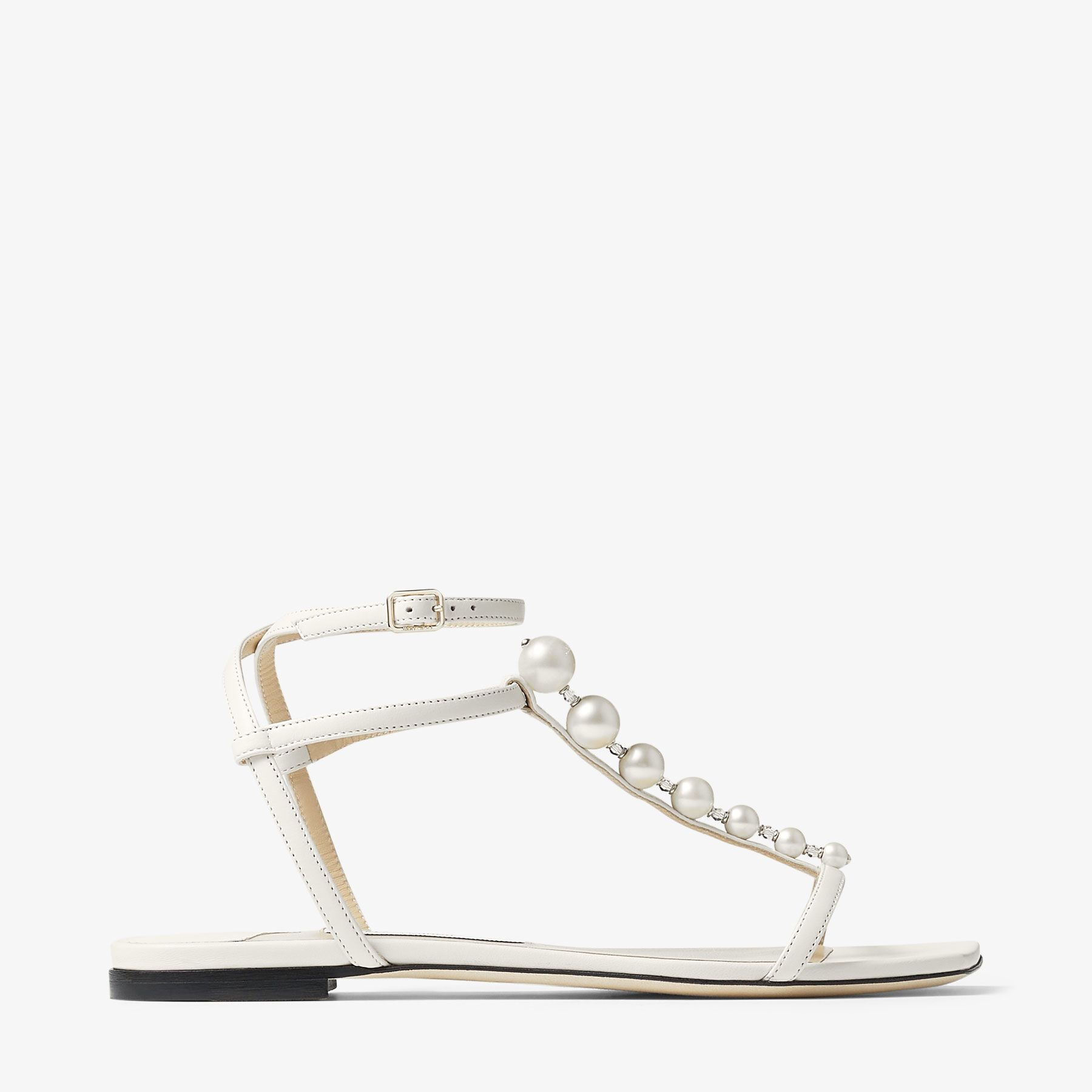 AMARI FLAT | Latte Nappa Leather Flat Sandals with Pearls