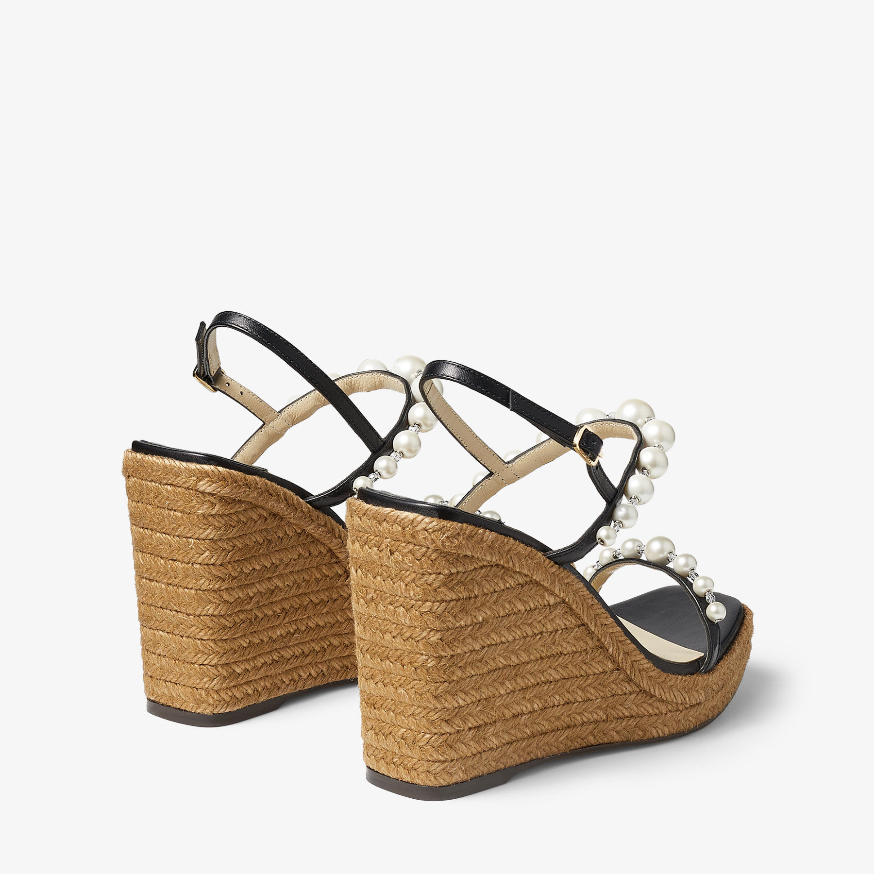 AMATUUS 110 | Black Nappa Latte Wedge Sandals with Pearls