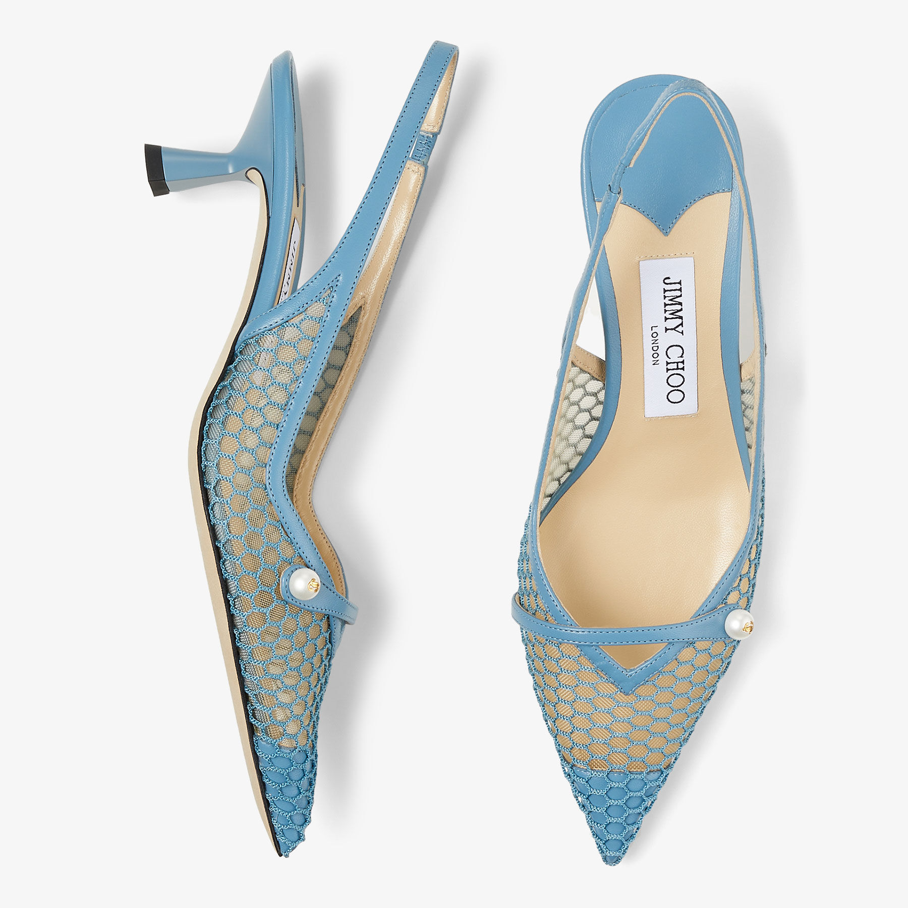 AMITA 45 | Smoky Blue Fishnet Mesh and Nappa Slingback Pumps