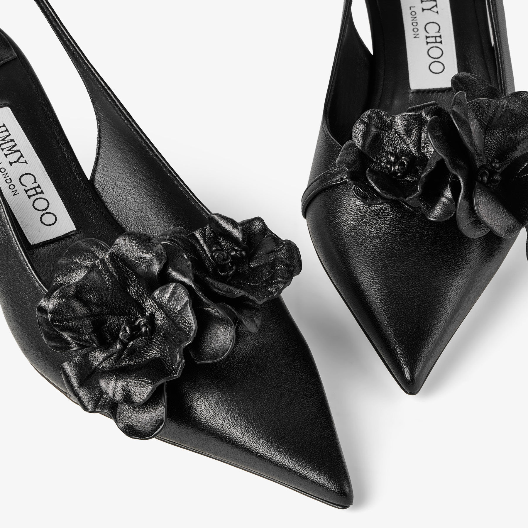 パンプス JIMMY CHOO AMITA FLOWER NAPPA LEATHER SINGLE BACK PUMPS AMITA/FLOWERS 45 | Black Nappa Leather Sling Back Pumps with