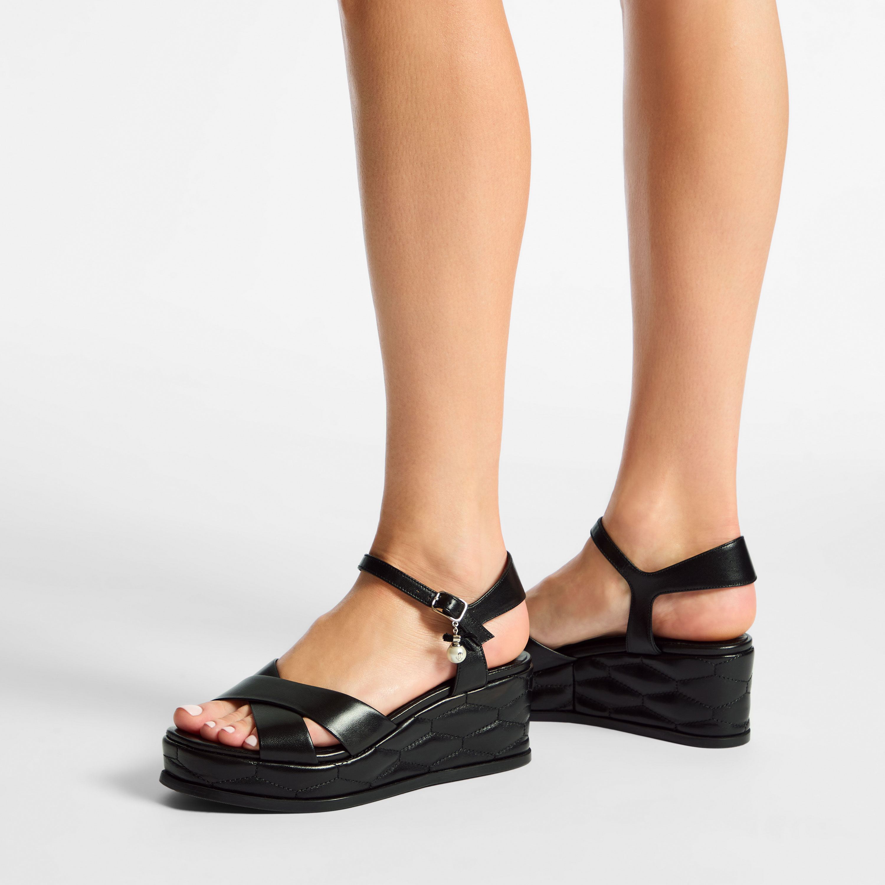 【Jimmy Choo】レディース アーリーウェッジ60 Astra Wedge 60 |Black Nappa Leather Sandal Wedge with Pearl