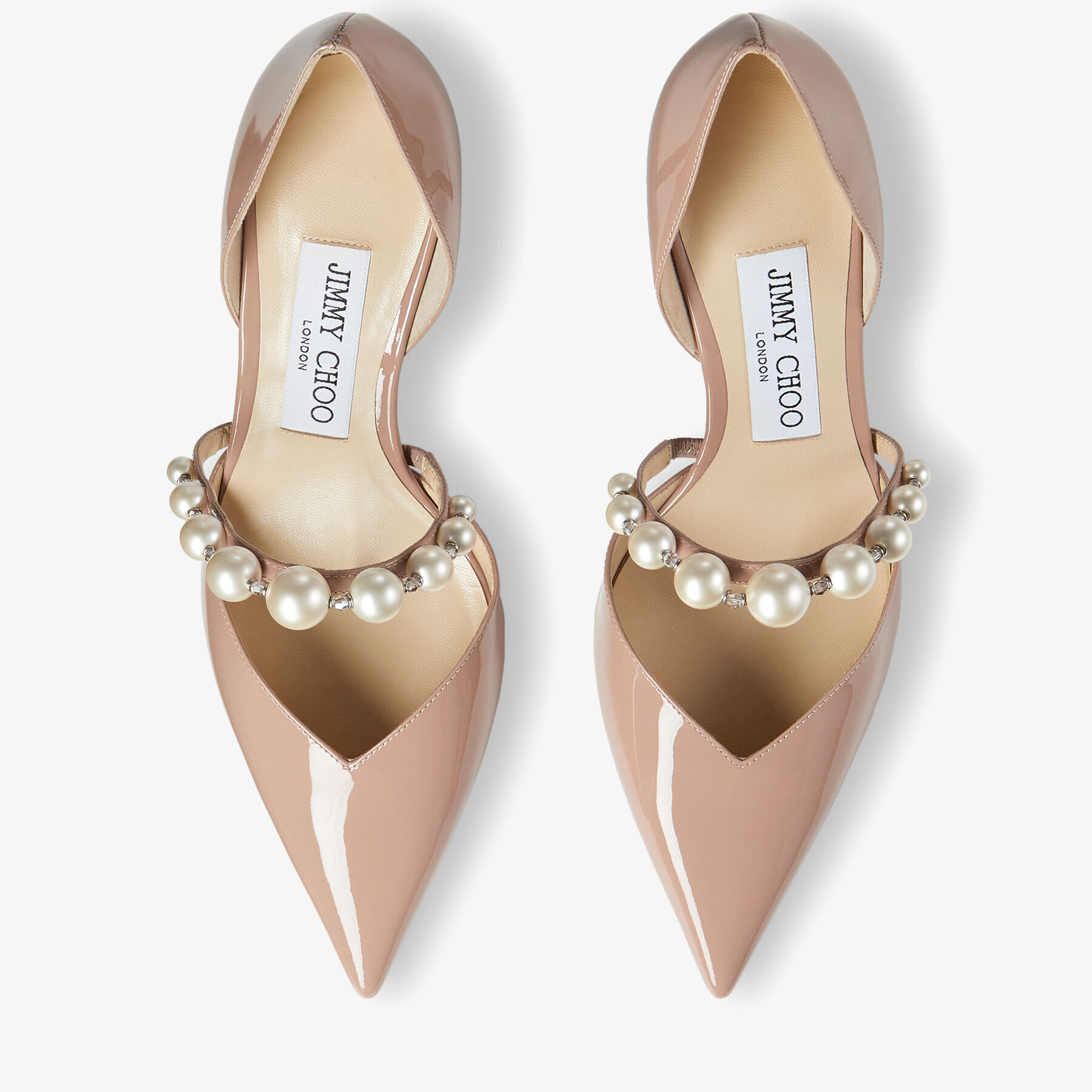 Ballet Pink Patent Leather Pointed Pumps with Pearl Embellishment