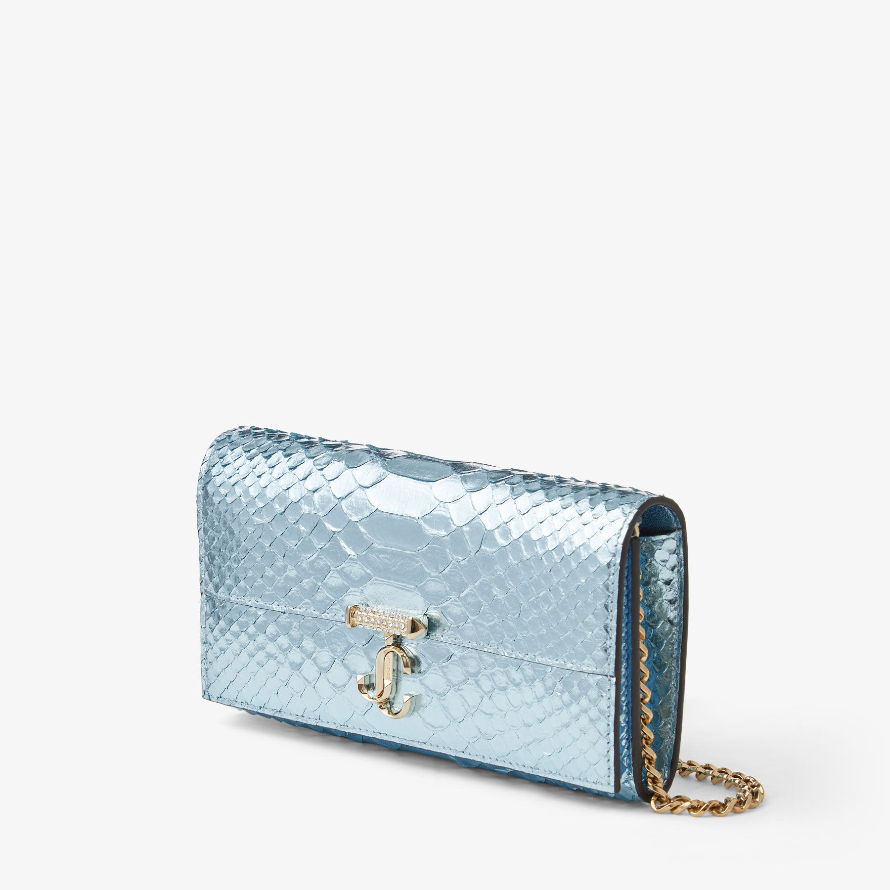 AVENUE WALLET W/CHAIN |Ice Blue Metallic Snake Printed