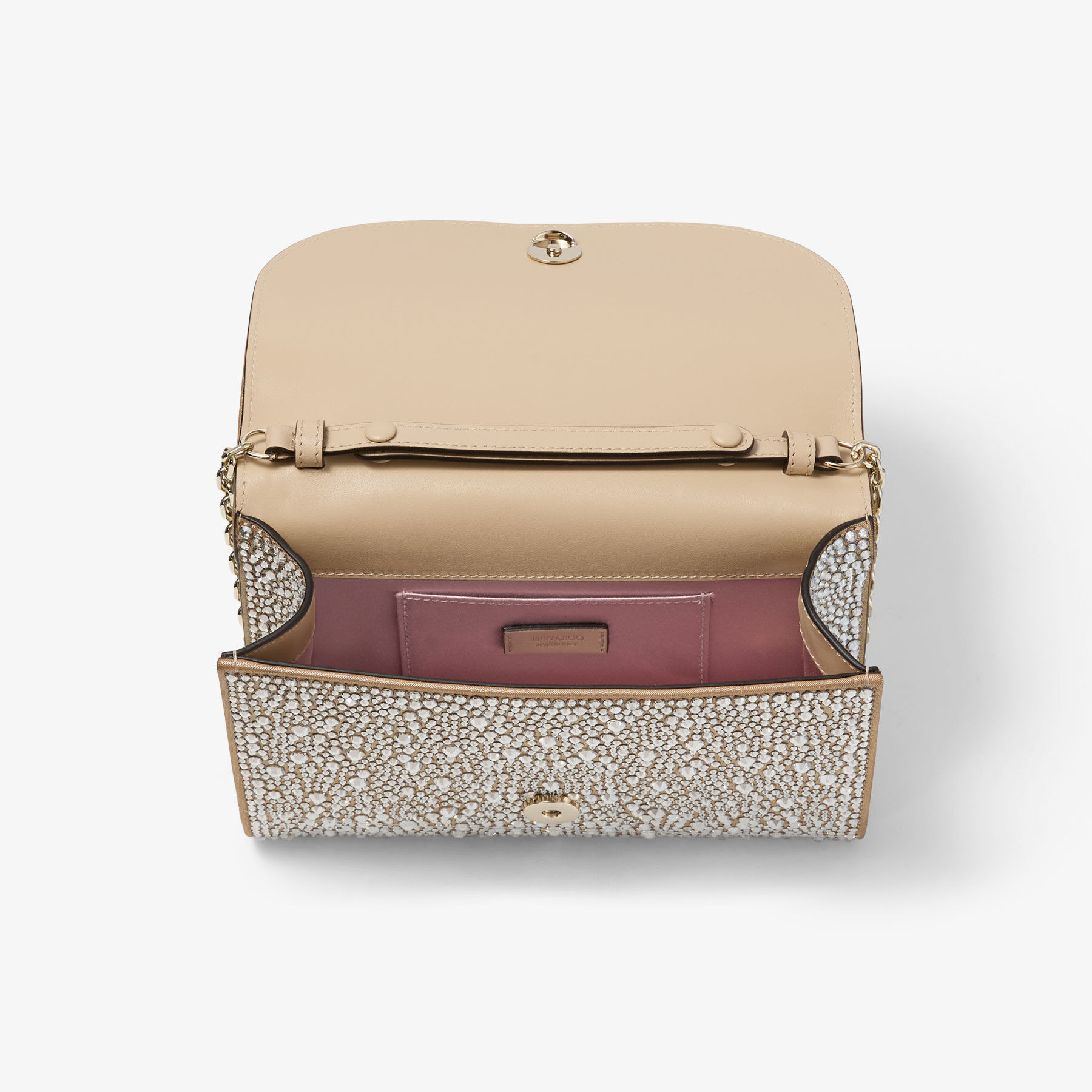Curve Clutch | Gold Shimmer Suede Clutch Bag with Hotfix Crystals