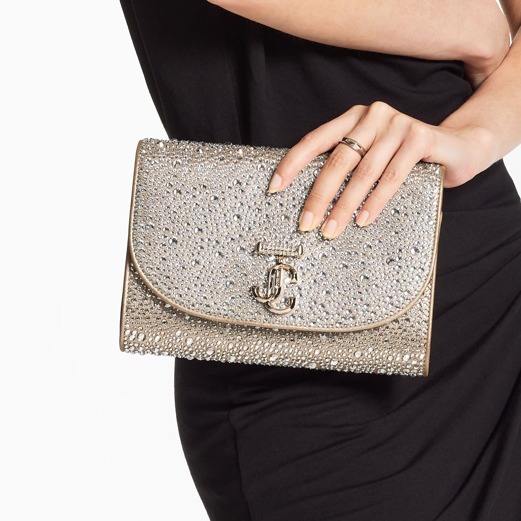 Curve Clutch Gold Shimmer Suede Clutch Bag with Hotfix Crystals
