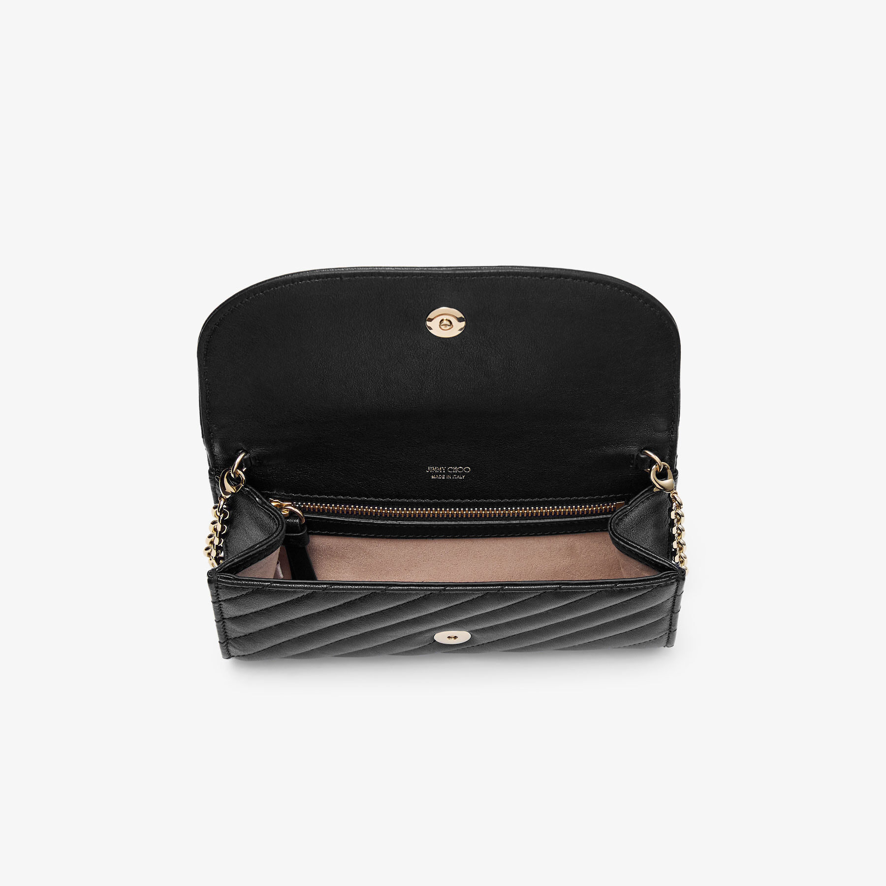 JIMMY CHOO チェーンウォレット Curve Wallet With Chain | Black Quilted Biker Leather Wallet with